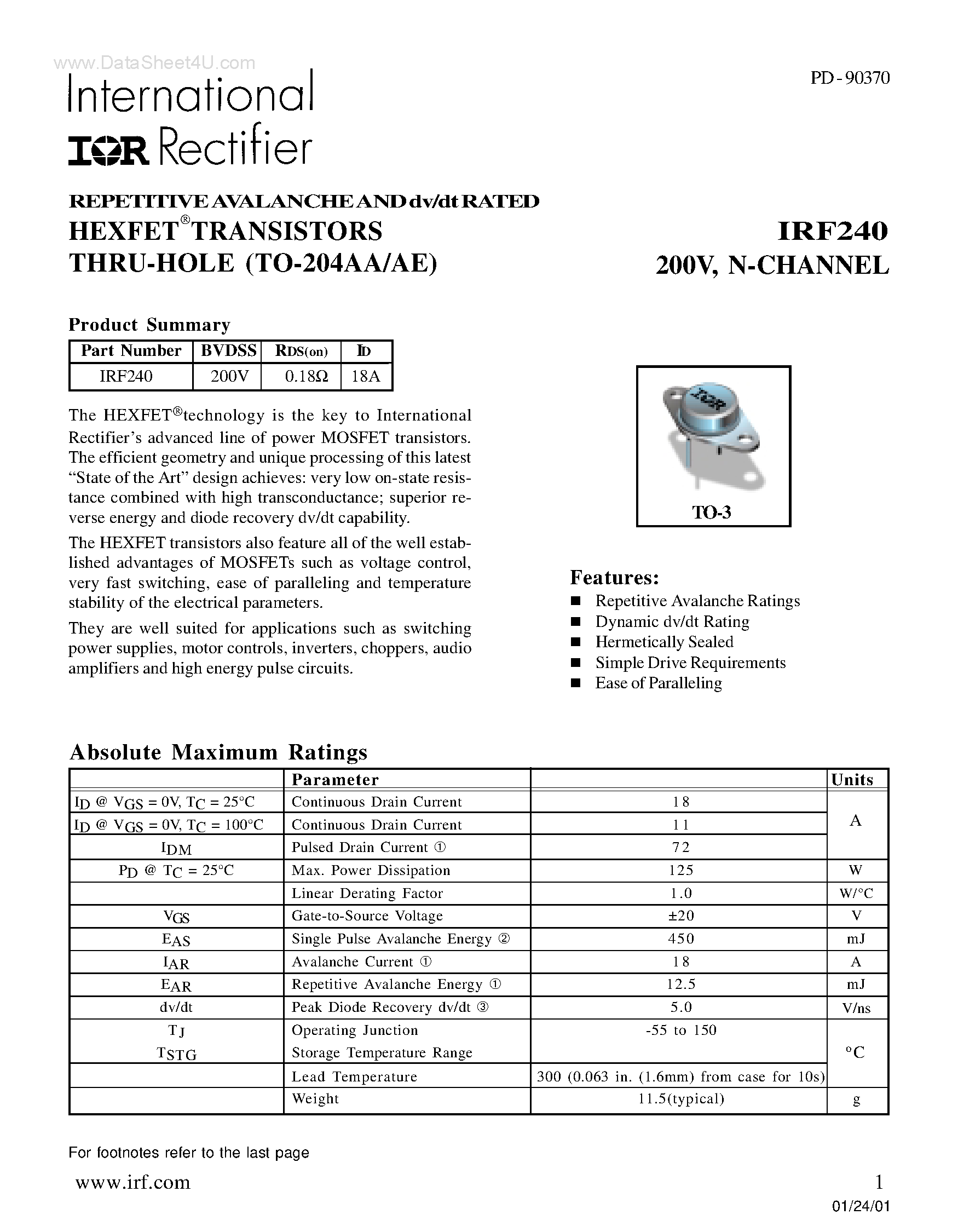 Datasheet IRF240 - REPETITIVE AVALANCHE AND dv/dt RATED page 1