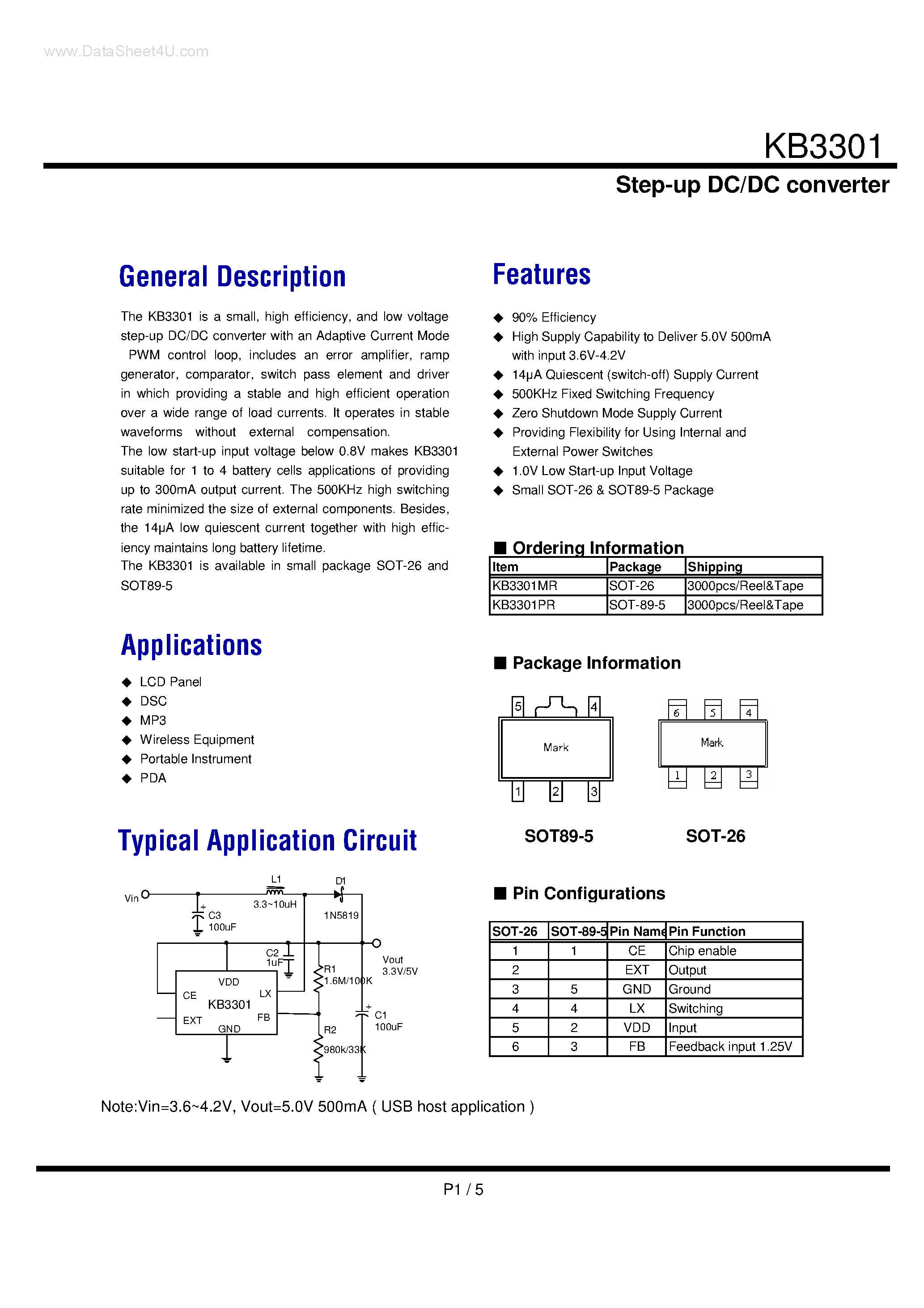 Даташит KB3301 - Step-up DC/DC converter страница 1