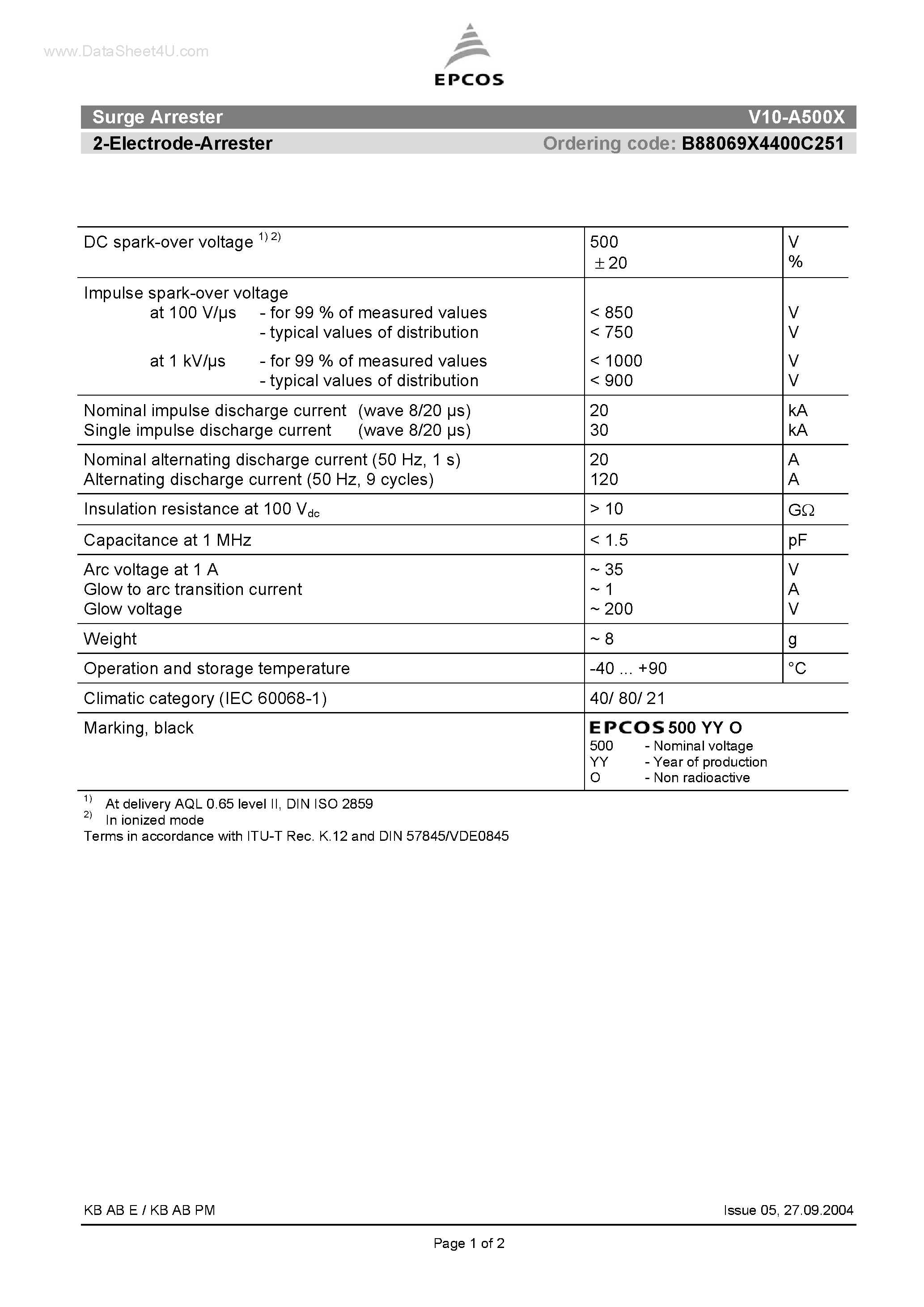 Datasheet V10-A500X - Surge Arrester 2-Electrode-Arrester page 1
