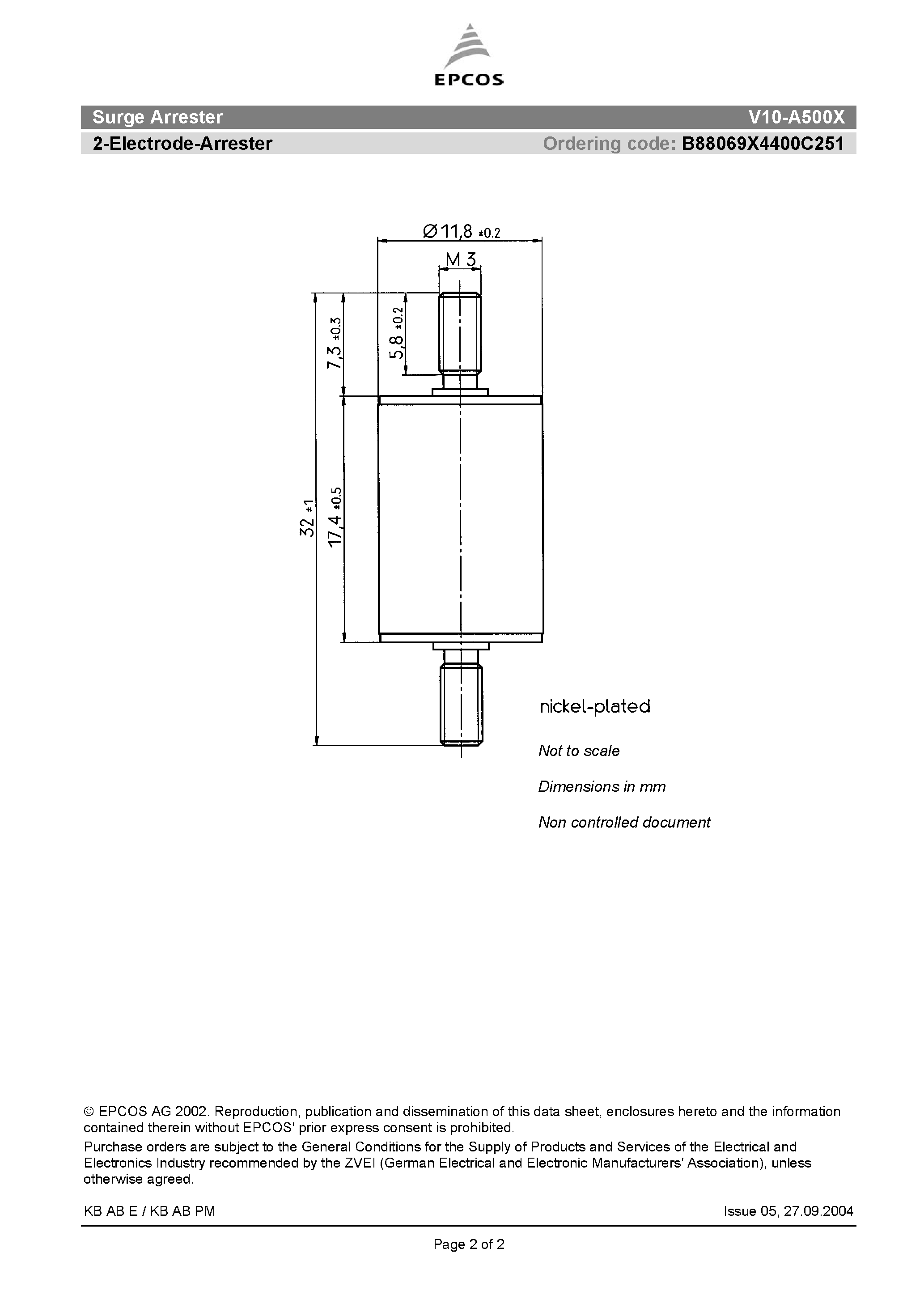 Datasheet V10-A500X - Surge Arrester 2-Electrode-Arrester page 2