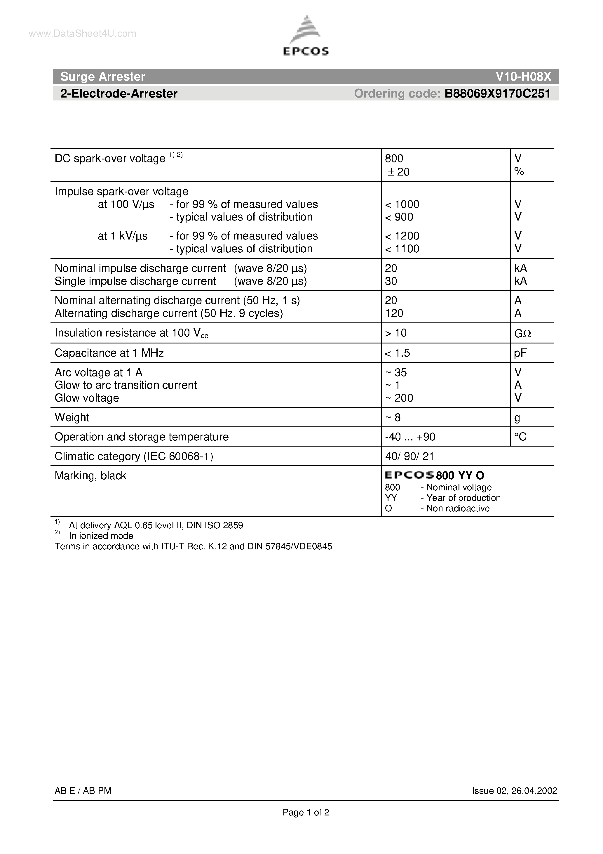 Datasheet V10-H08X - Surge Arrester 2-Electrode-Arrester page 1