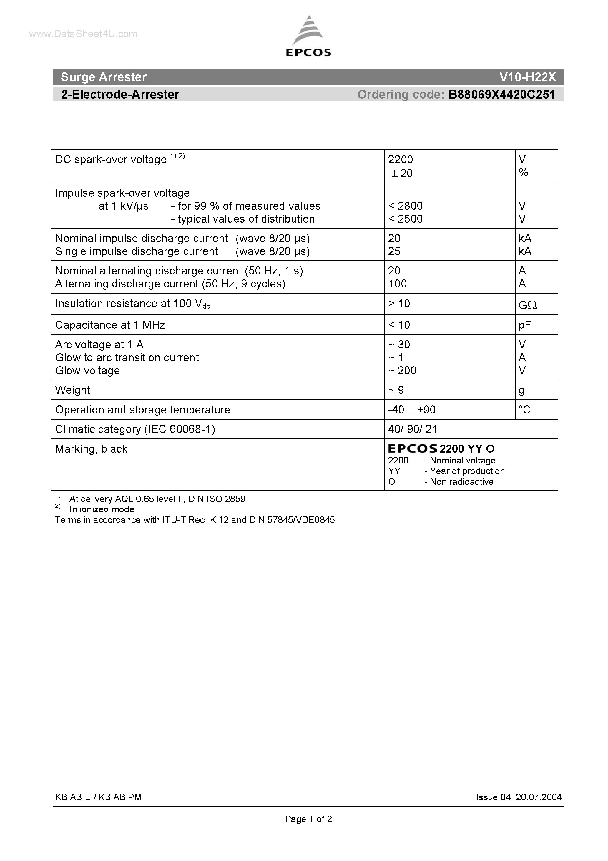 Datasheet V10-H22X - Surge Arrester 2-Electrode-Arrester page 1