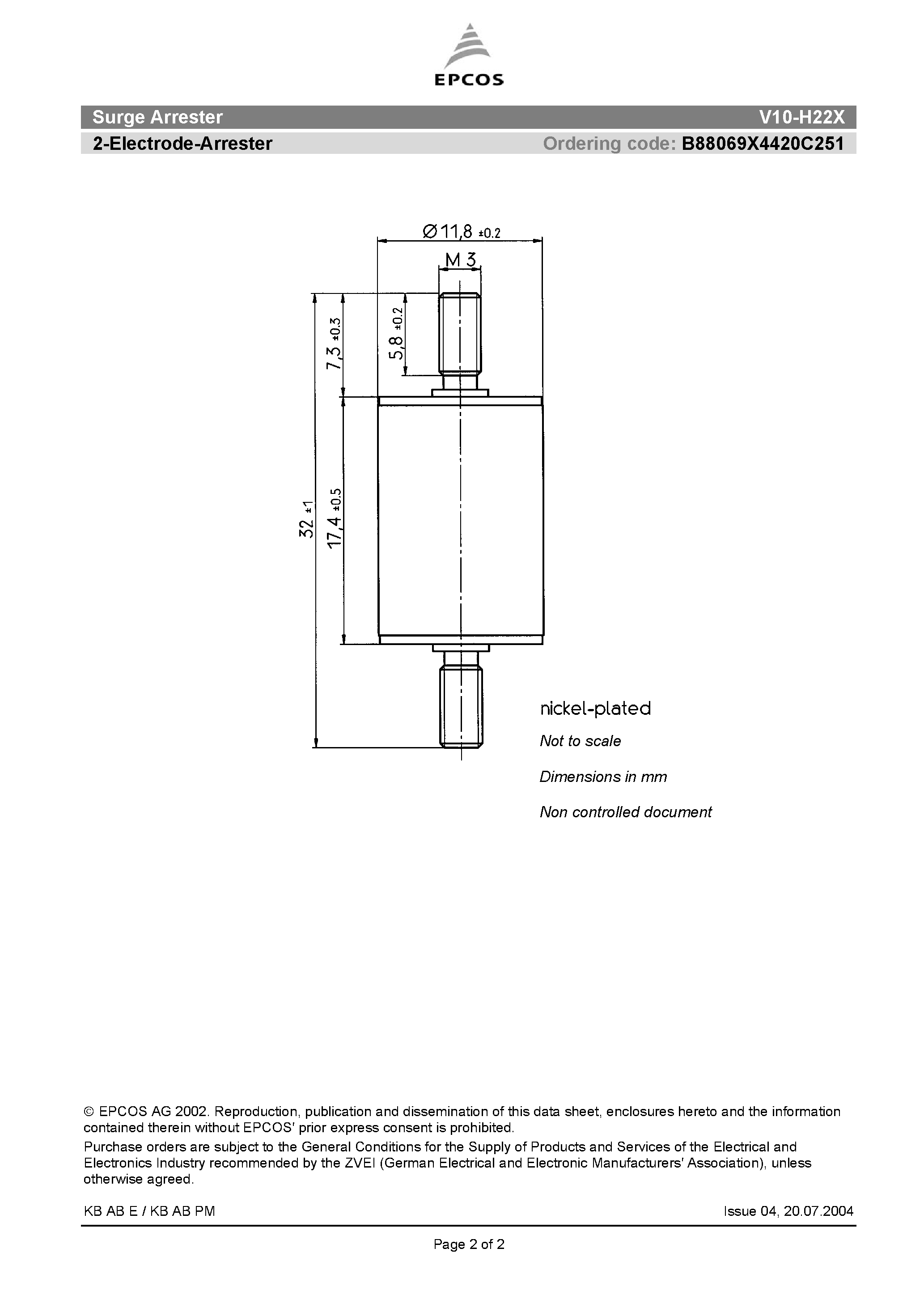Datasheet V10-H22X - Surge Arrester 2-Electrode-Arrester page 2