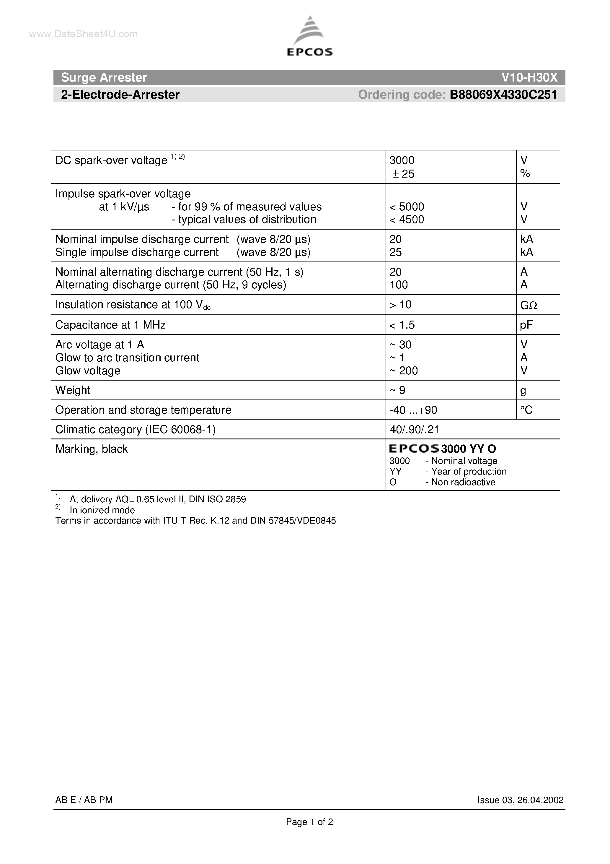 Datasheet V10-H30X - Surge Arrester 2-Electrode-Arrester page 1