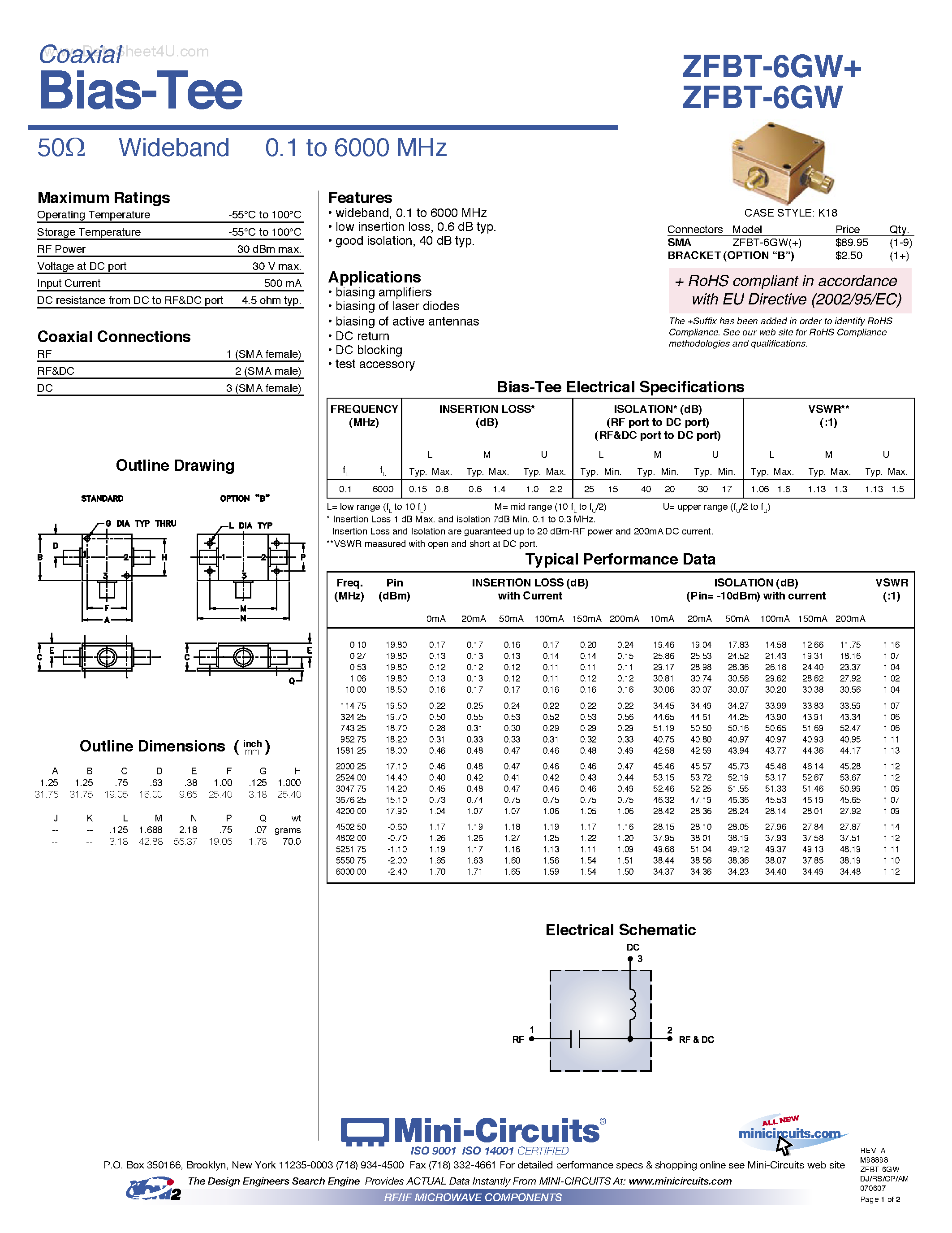 Datasheet ZFBT-6GW page 1 Datasheet ZFBT-6GW - Bias-Tee 50ohm Wideband 0.1 to 6000 MHz page 1