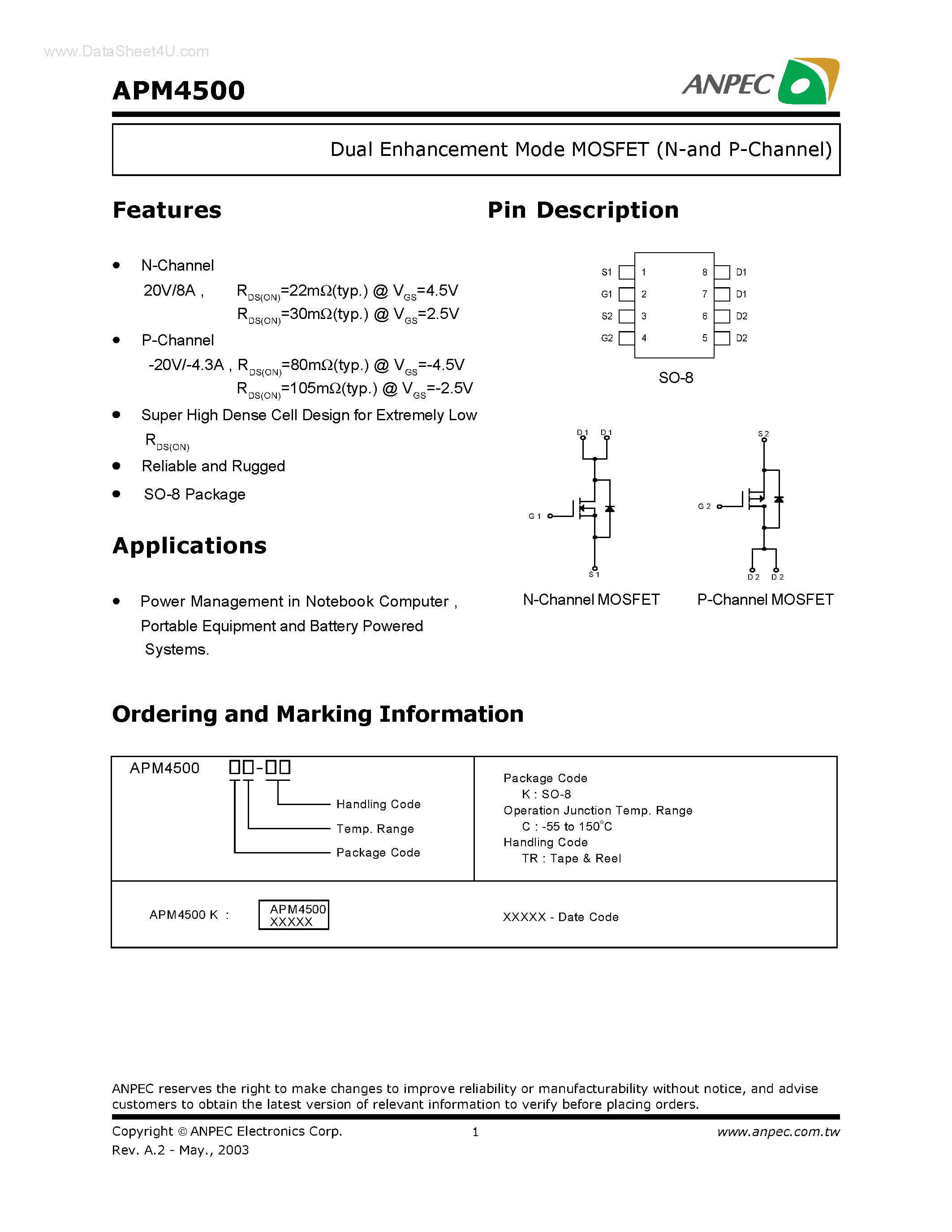 Даташит на микросхему APM4500 страница 1 Даташит APM4500 - Dual Enhancement Mode MOSFET страница 1