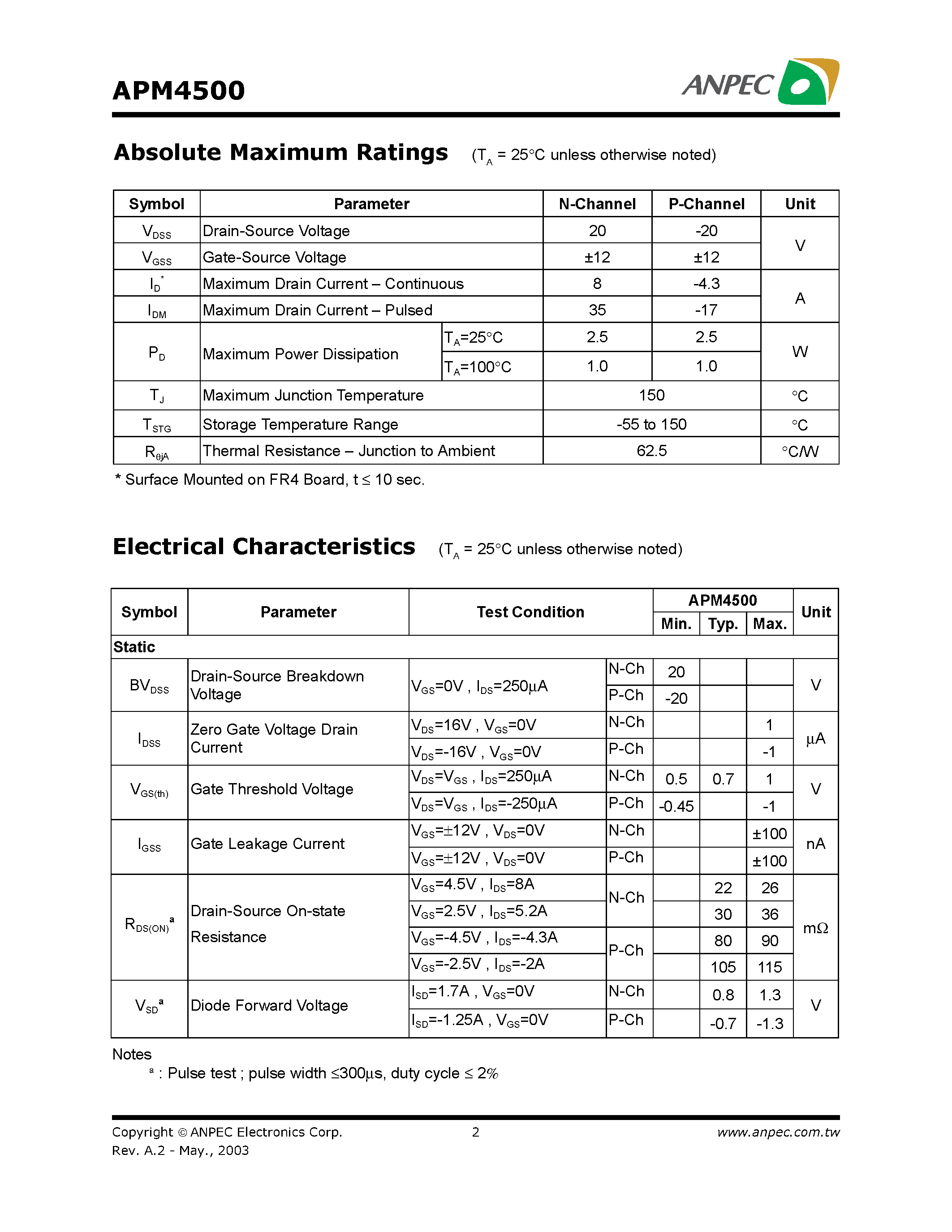 Даташит на микросхему APM4500 страница 2 Даташит APM4500 - Dual Enhancement Mode MOSFET страница 2