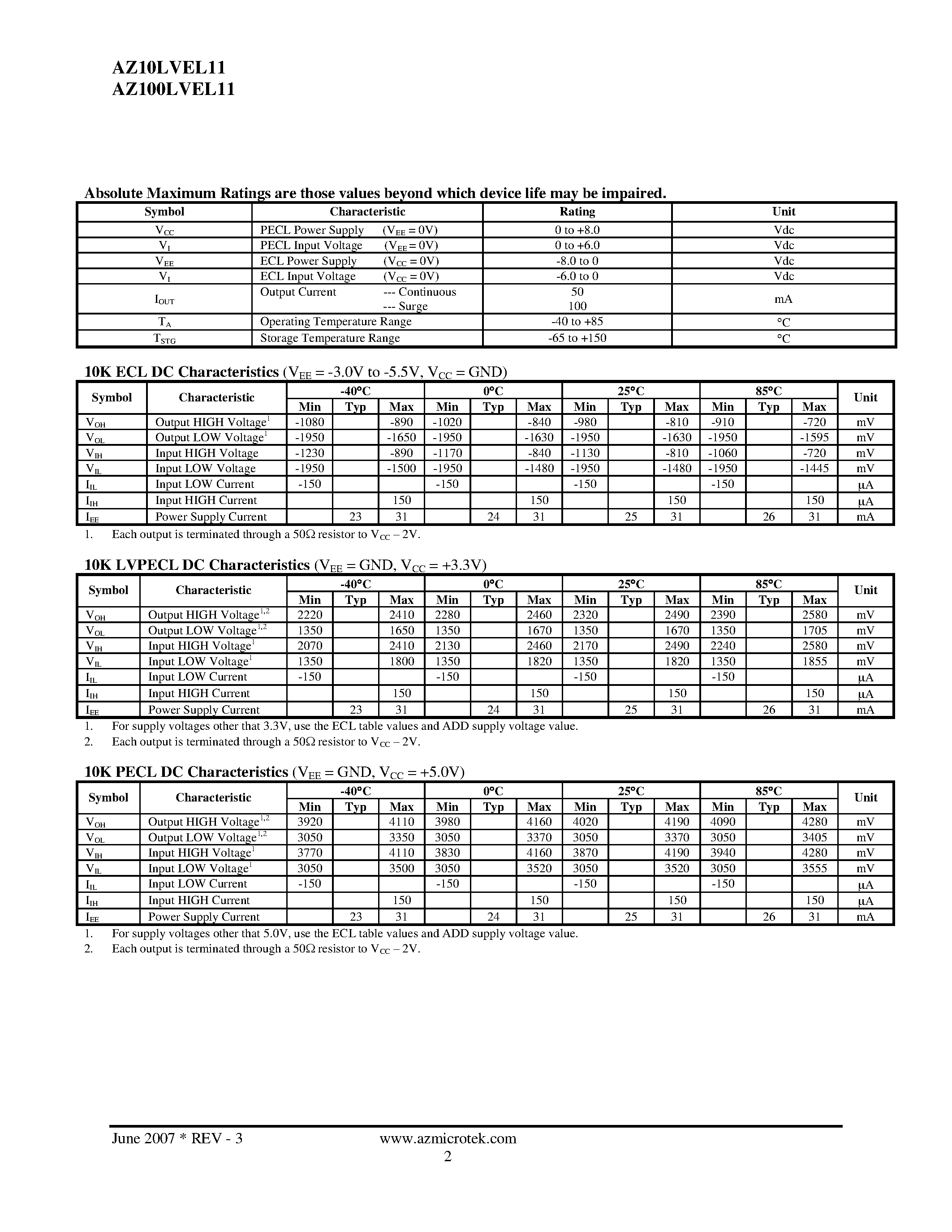 Datasheet AZ100LVEL11 - ECL/PECL 1:2 Differential Fanout Buffer page 2