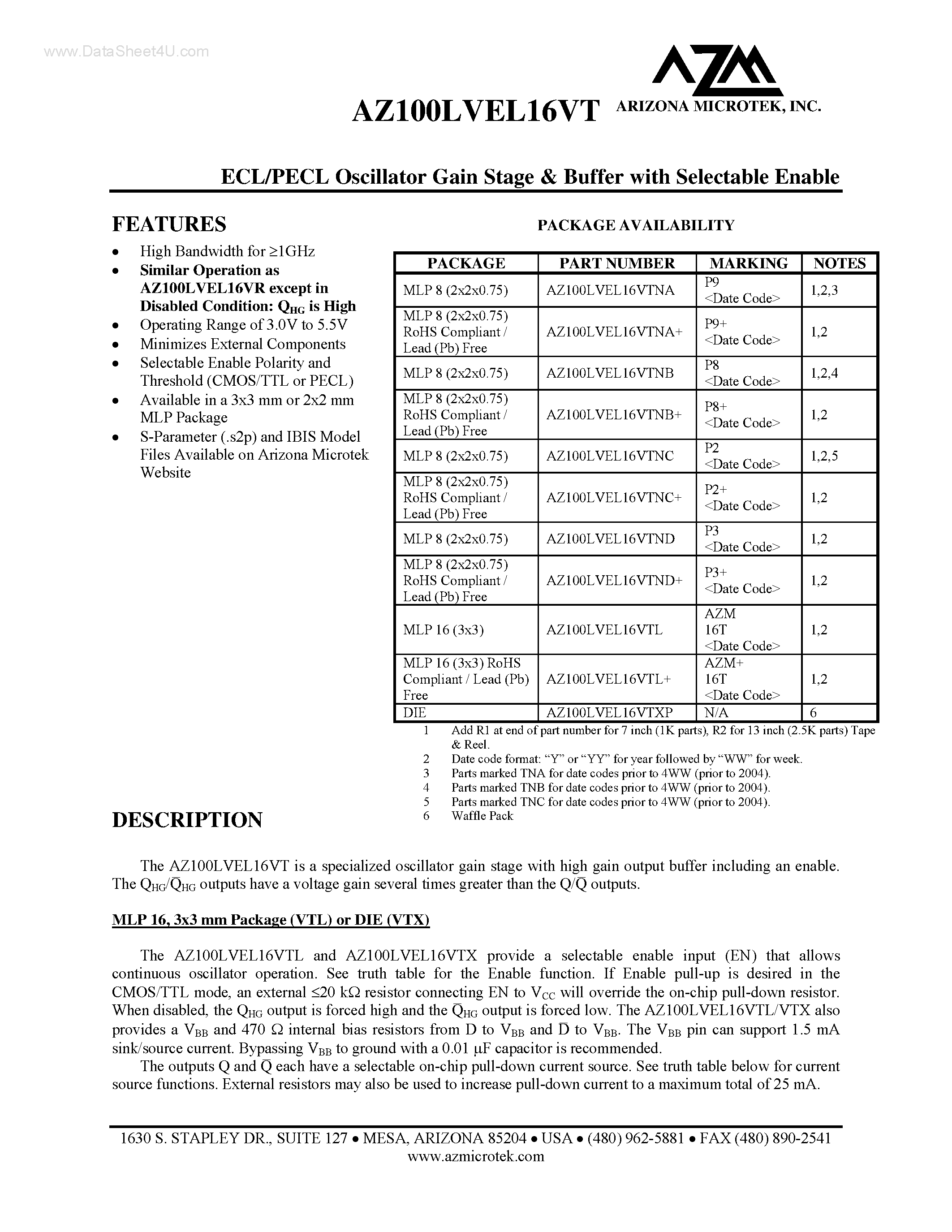 Datasheet AZ100LVEL16VT - ECL/PECL Oscillator Gain Stage & Buffer page 1