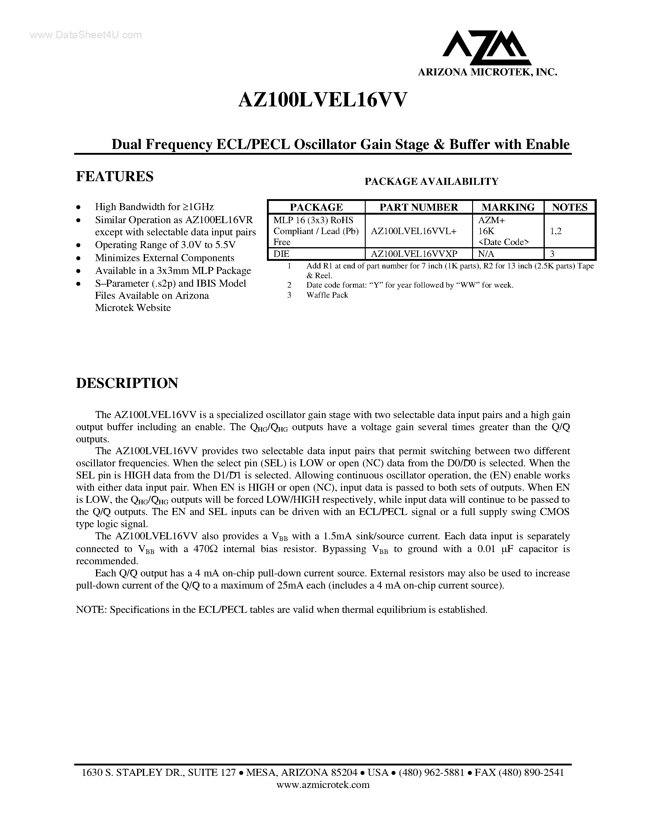 Datasheet AZ100LVEL16VV - Dual Frequency ECL/PECL Oscillator Gain Stage & Buffer page 1