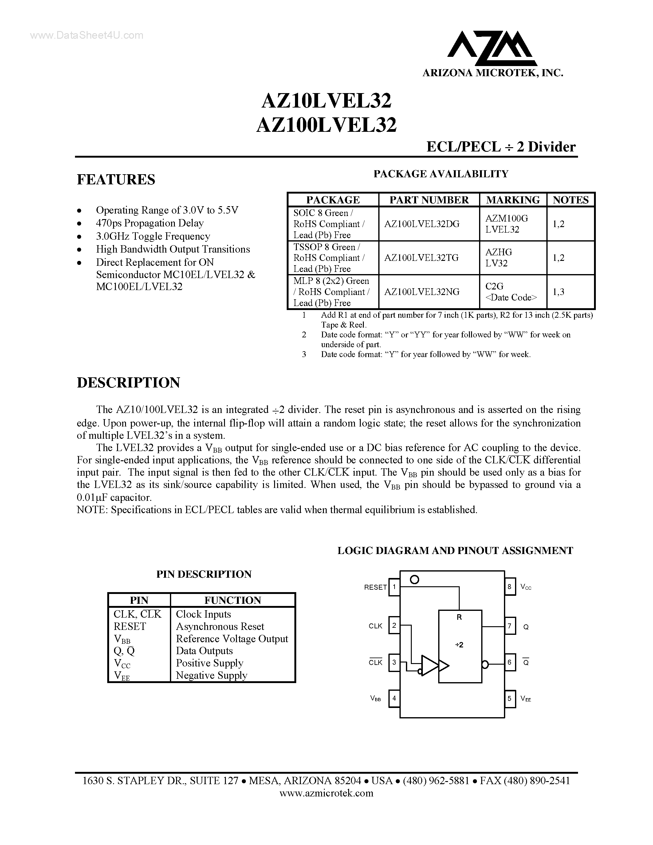 Даташит AZ100LVEL32 - ECL/PECL / 2 Divider страница 1