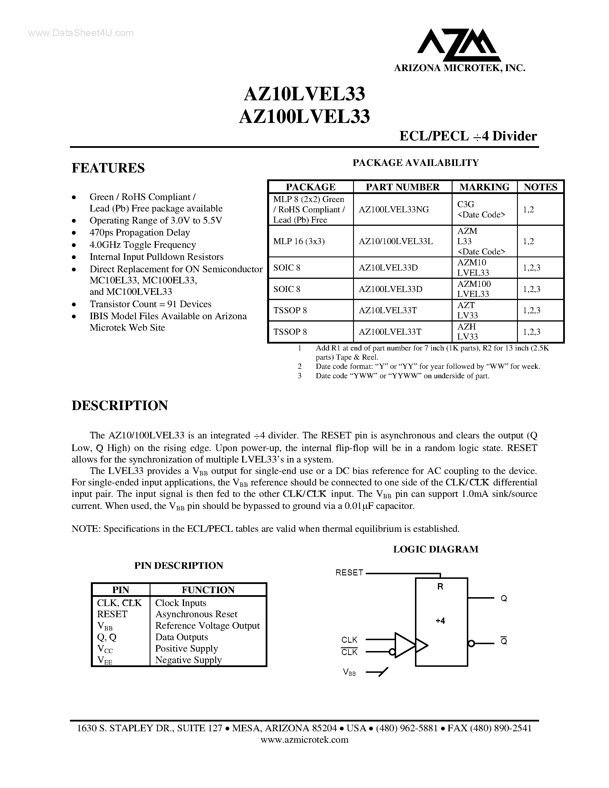 Datasheet AZ100LVEL33 - ECL/PECL / 4 Divider page 1