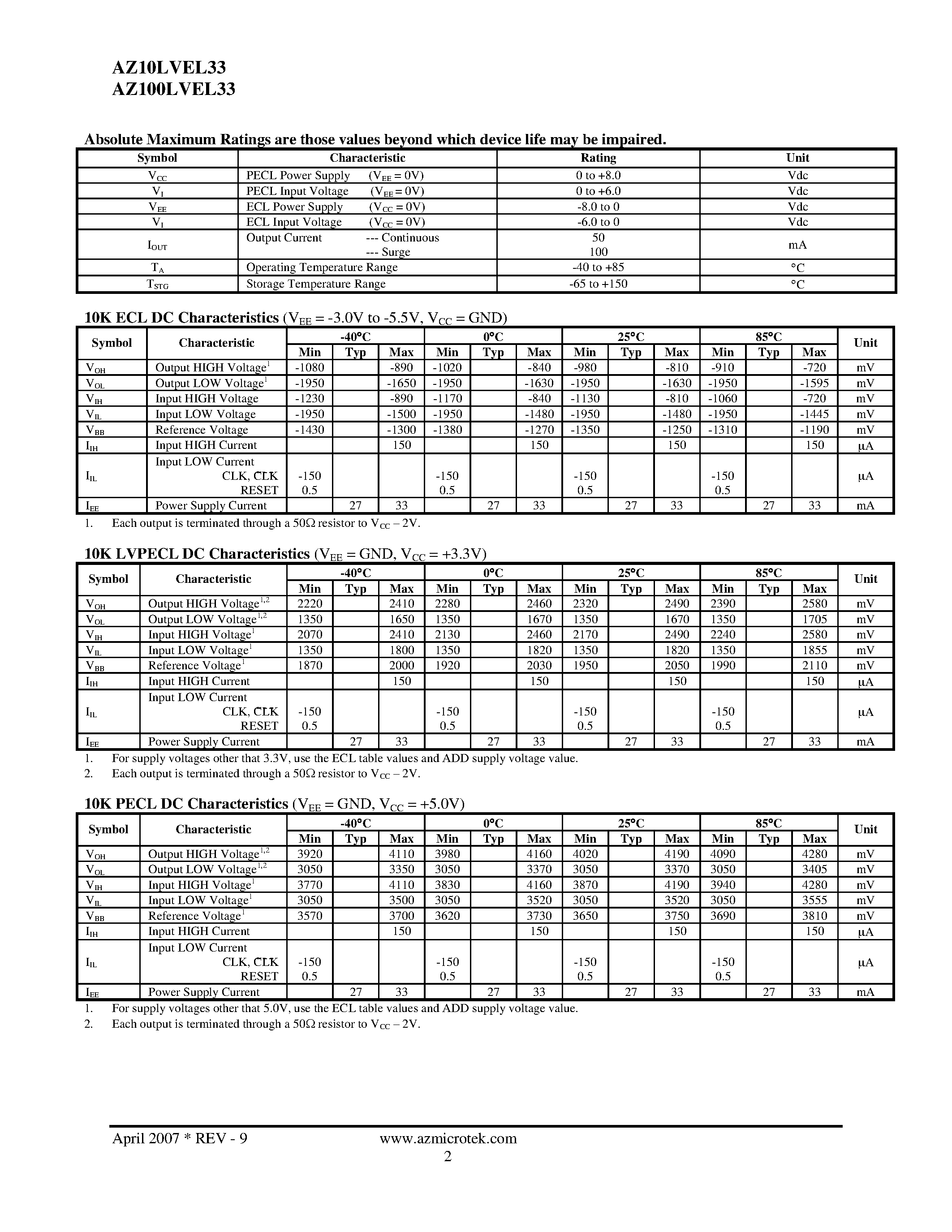 Datasheet AZ100LVEL33 - ECL/PECL / 4 Divider page 2