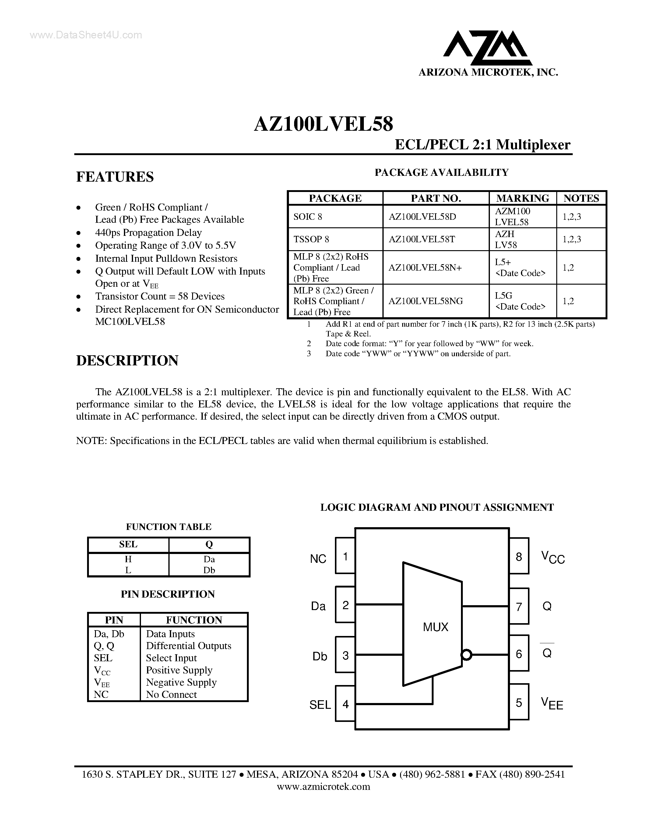 Datasheet AZ100LVEL58 page 1 Datasheet AZ100LVEL58 - ECL/PECL 2:1 Multiplexer page 1