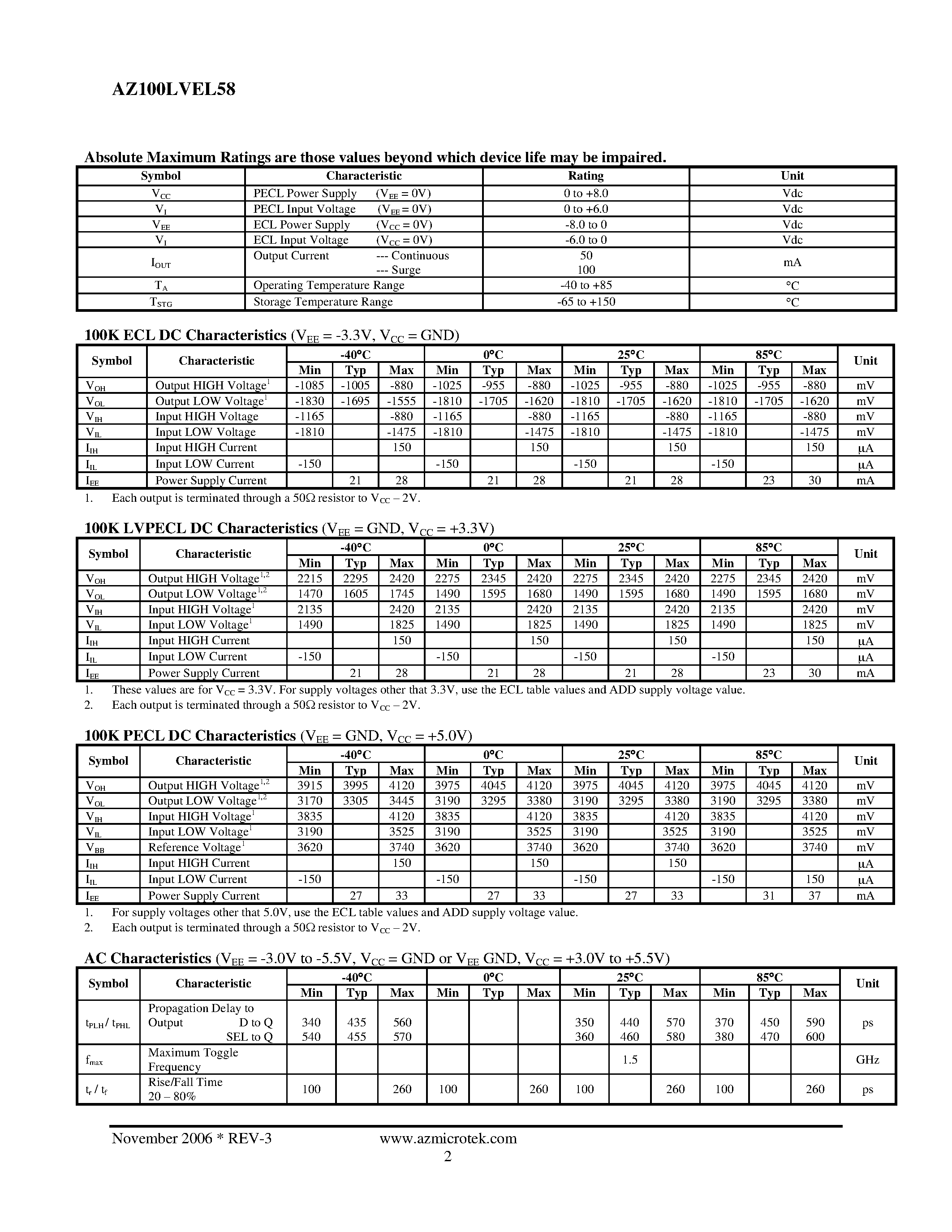 Datasheet AZ100LVEL58 page 2 Datasheet AZ100LVEL58 - ECL/PECL 2:1 Multiplexer page 2