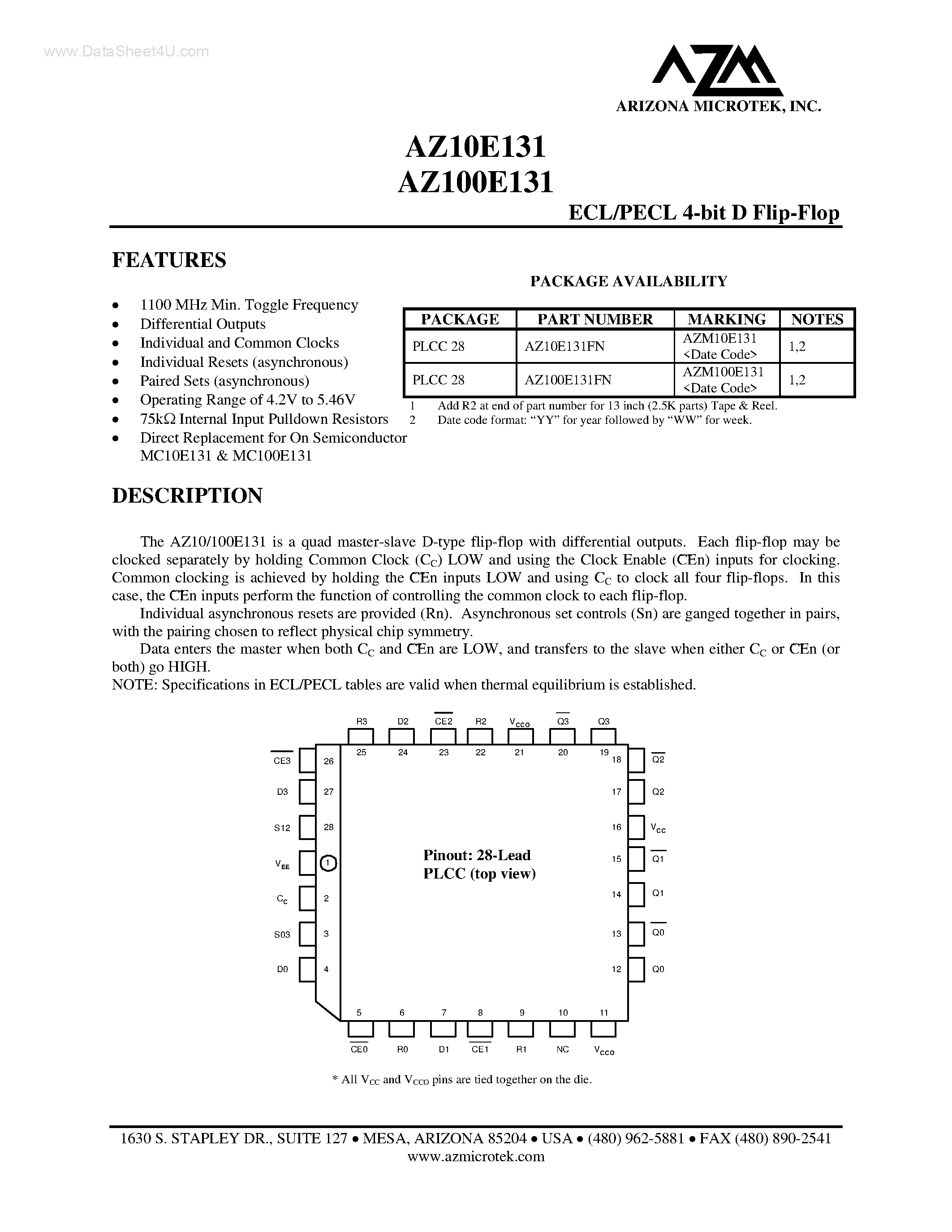 Даташит на микросхему AZ100E131 страница 1 Даташит AZ100E131 - ECL/PECL 4-bit D Flip-Flop страница 1