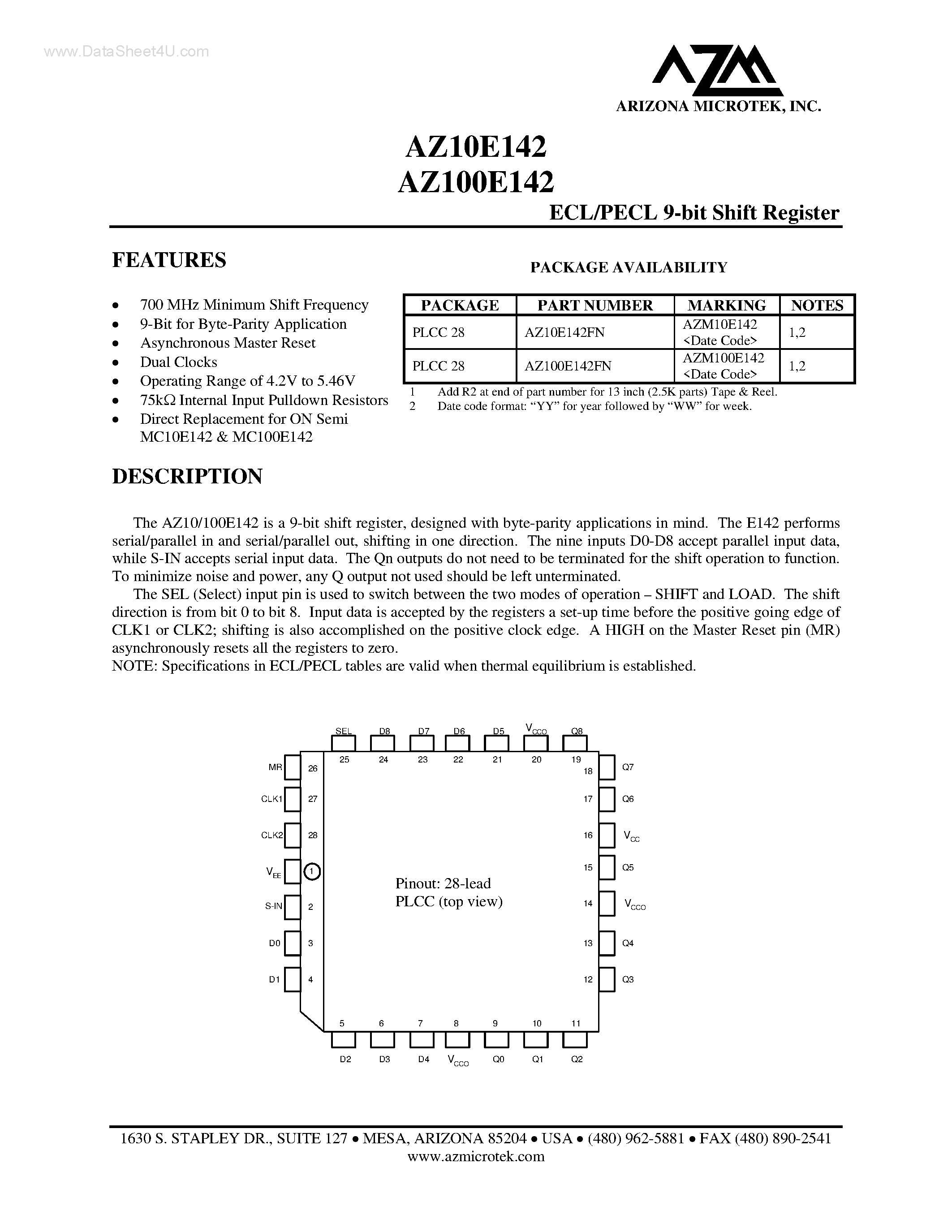 Даташит AZ100E142 - ECL/PECL 9-bit Shift Register страница 1