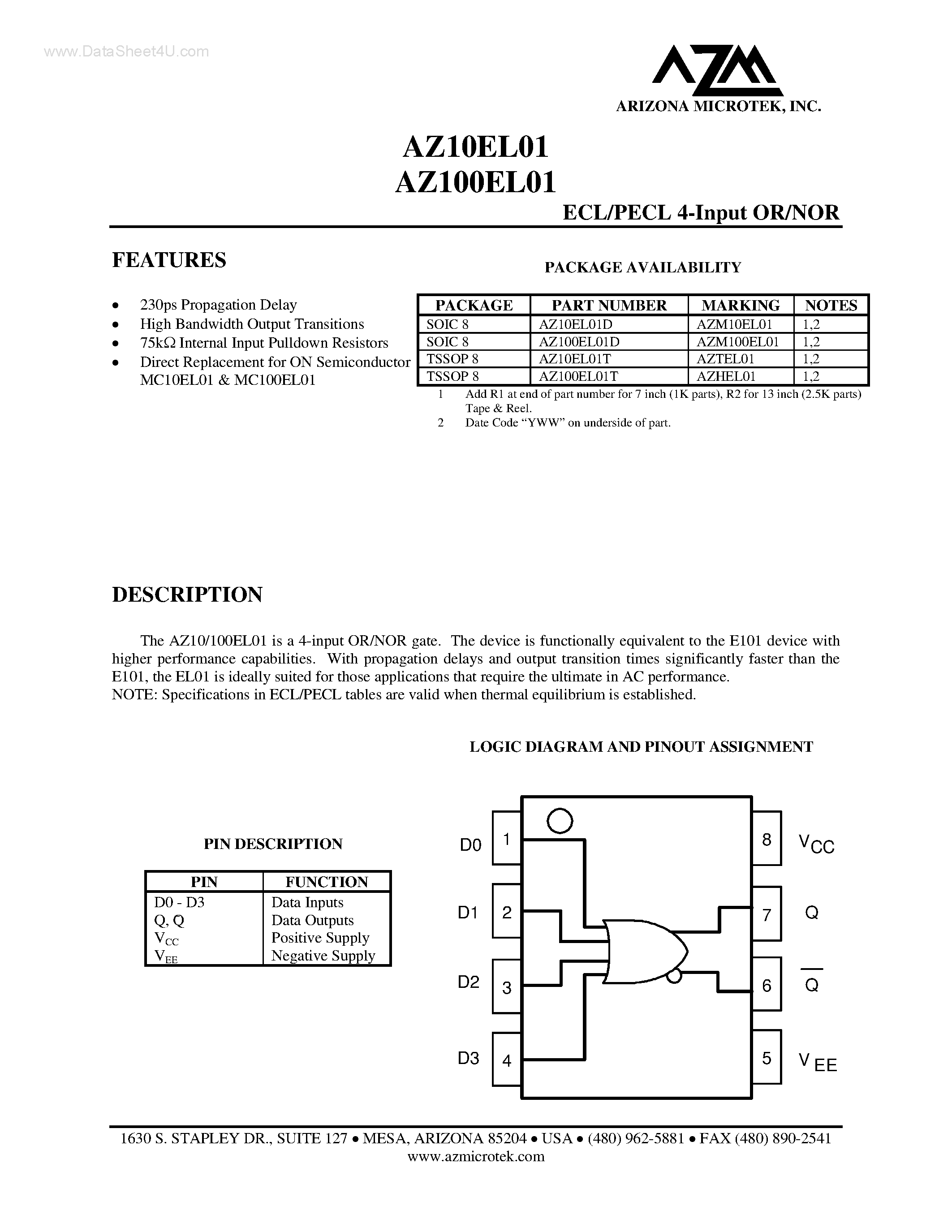 Datasheet AZ100EL01 - ECL/PECL 4-Input OR/NOR page 1