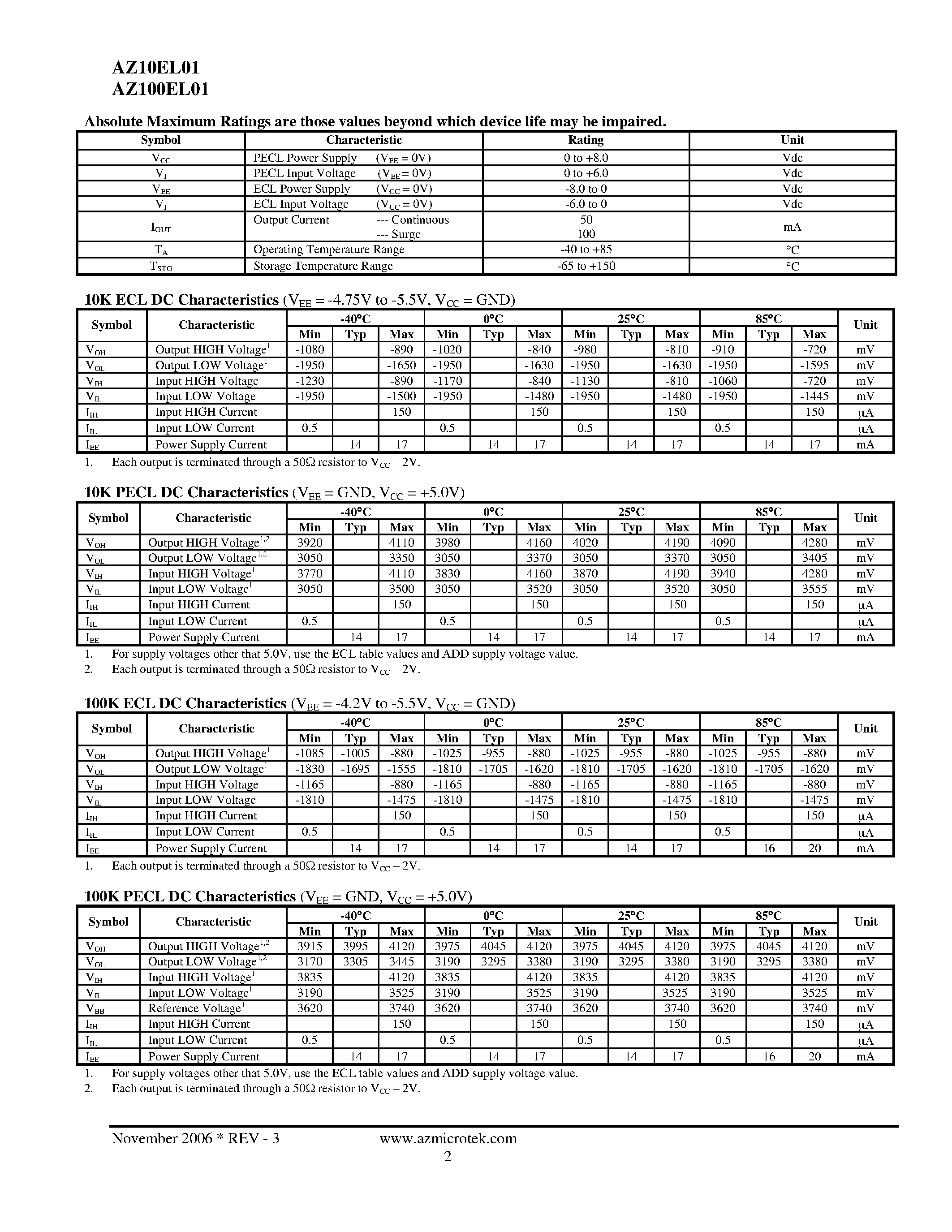 Datasheet AZ100EL01 - ECL/PECL 4-Input OR/NOR page 2
