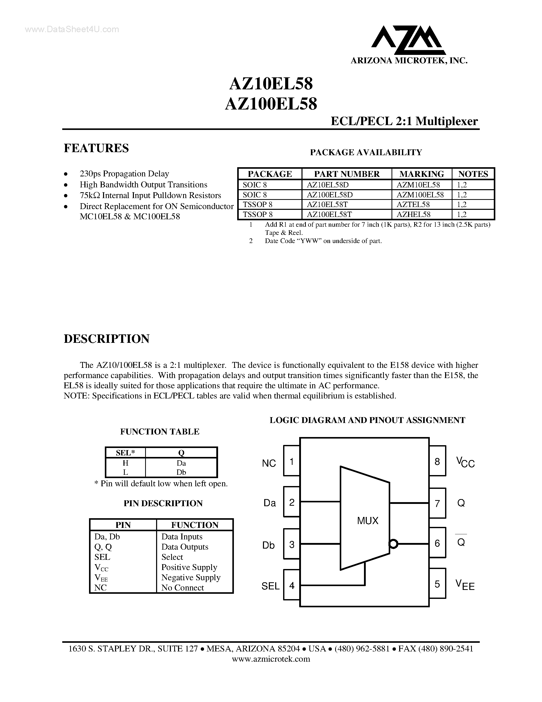 Datasheet AZ100EL58 - ECL/PECL 2:1 Multiplexer page 1
