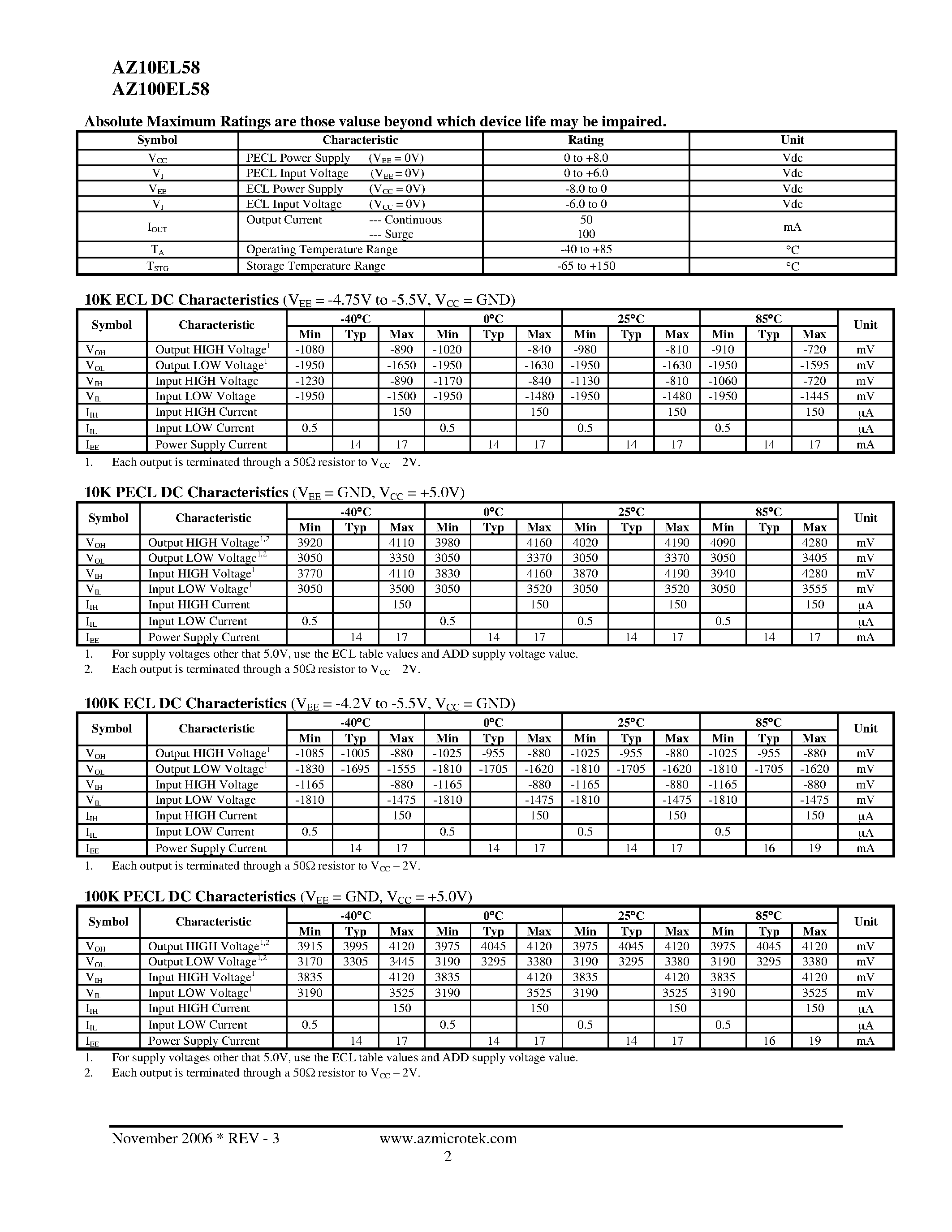 Datasheet AZ100EL58 - ECL/PECL 2:1 Multiplexer page 2