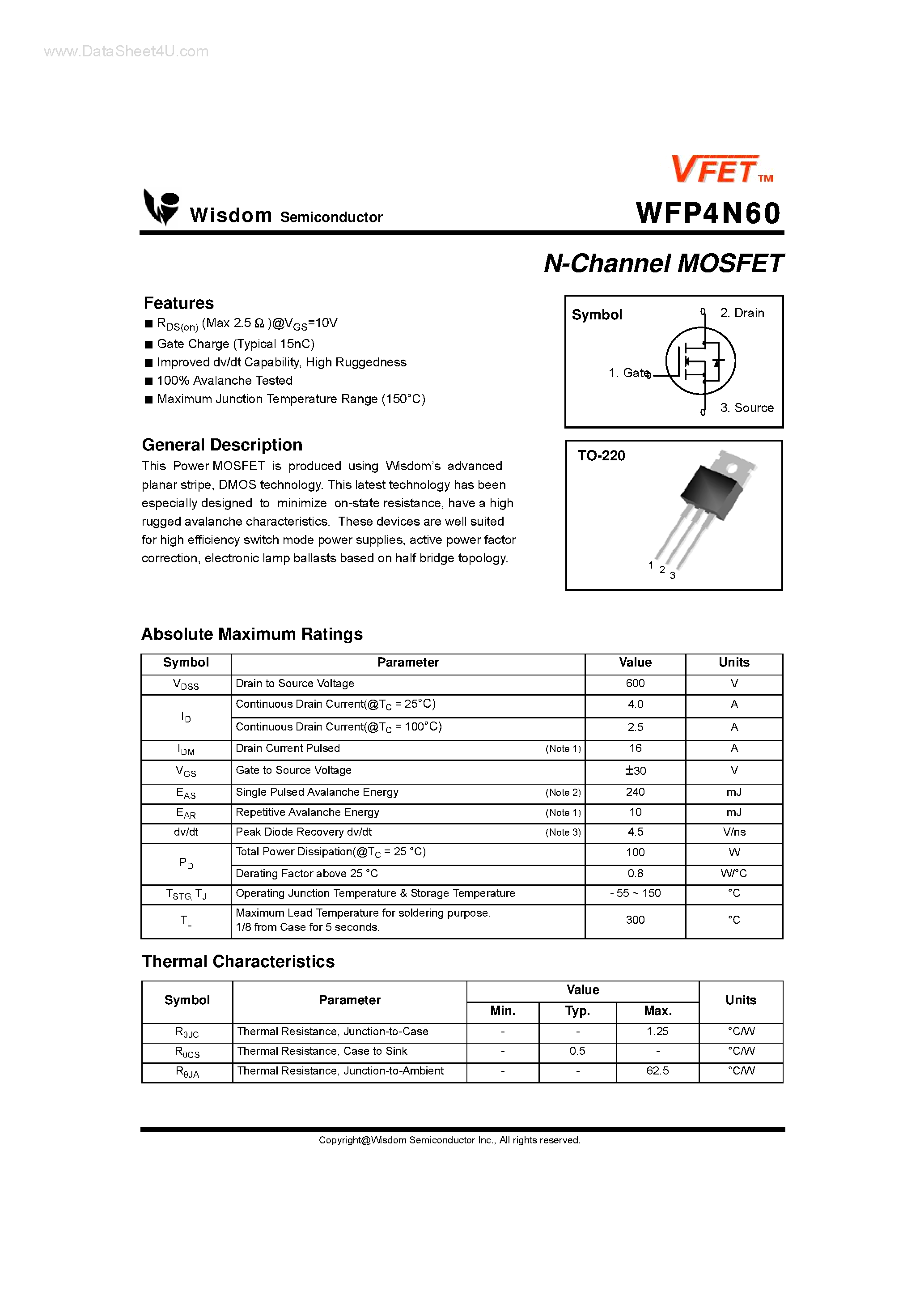Datasheet WFP4N60 page 1 Datasheet WFP4N60 - N-Channel MOSFET page 1
