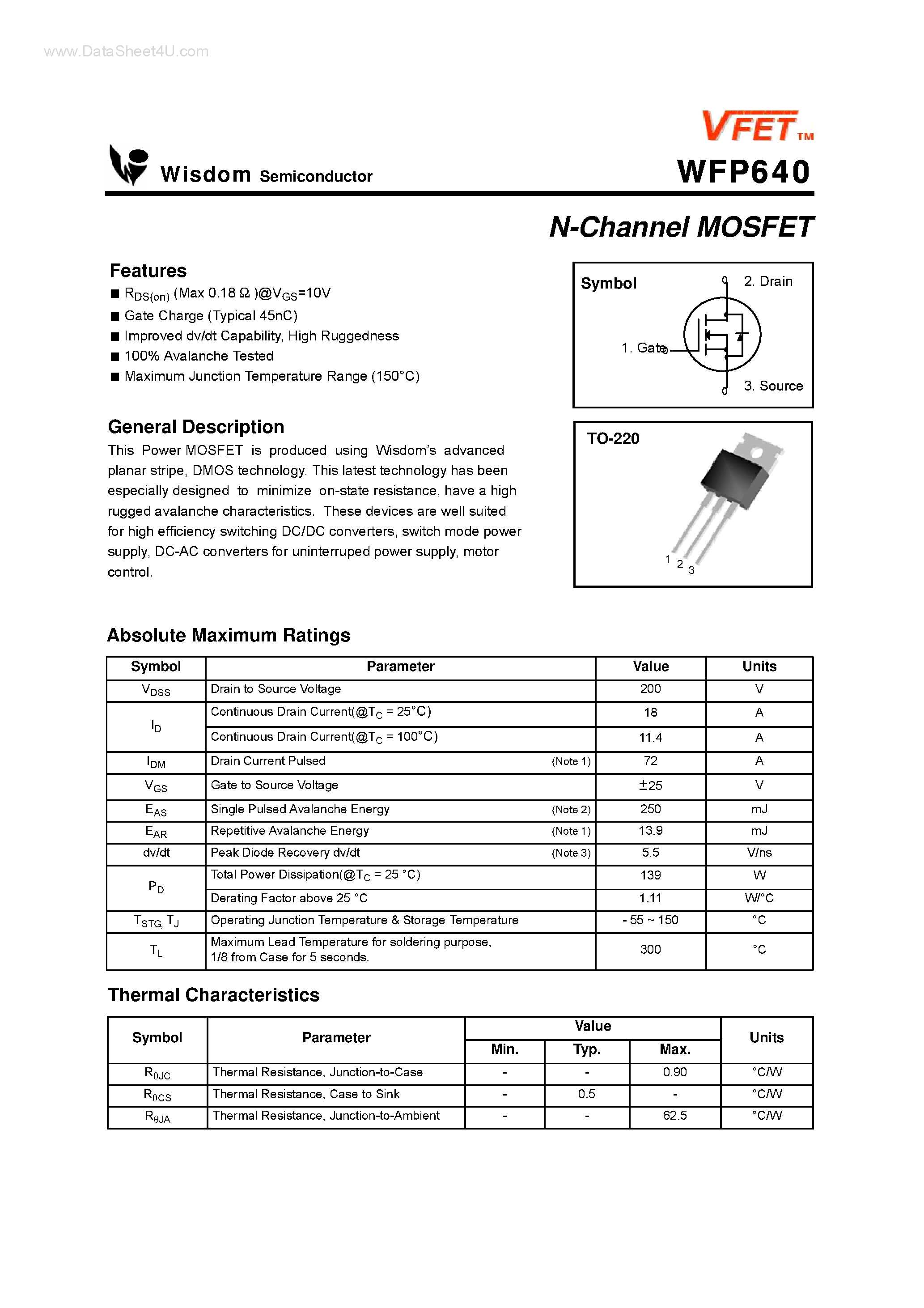 Datasheet WFP640 - N-Channel MOSFET page 1