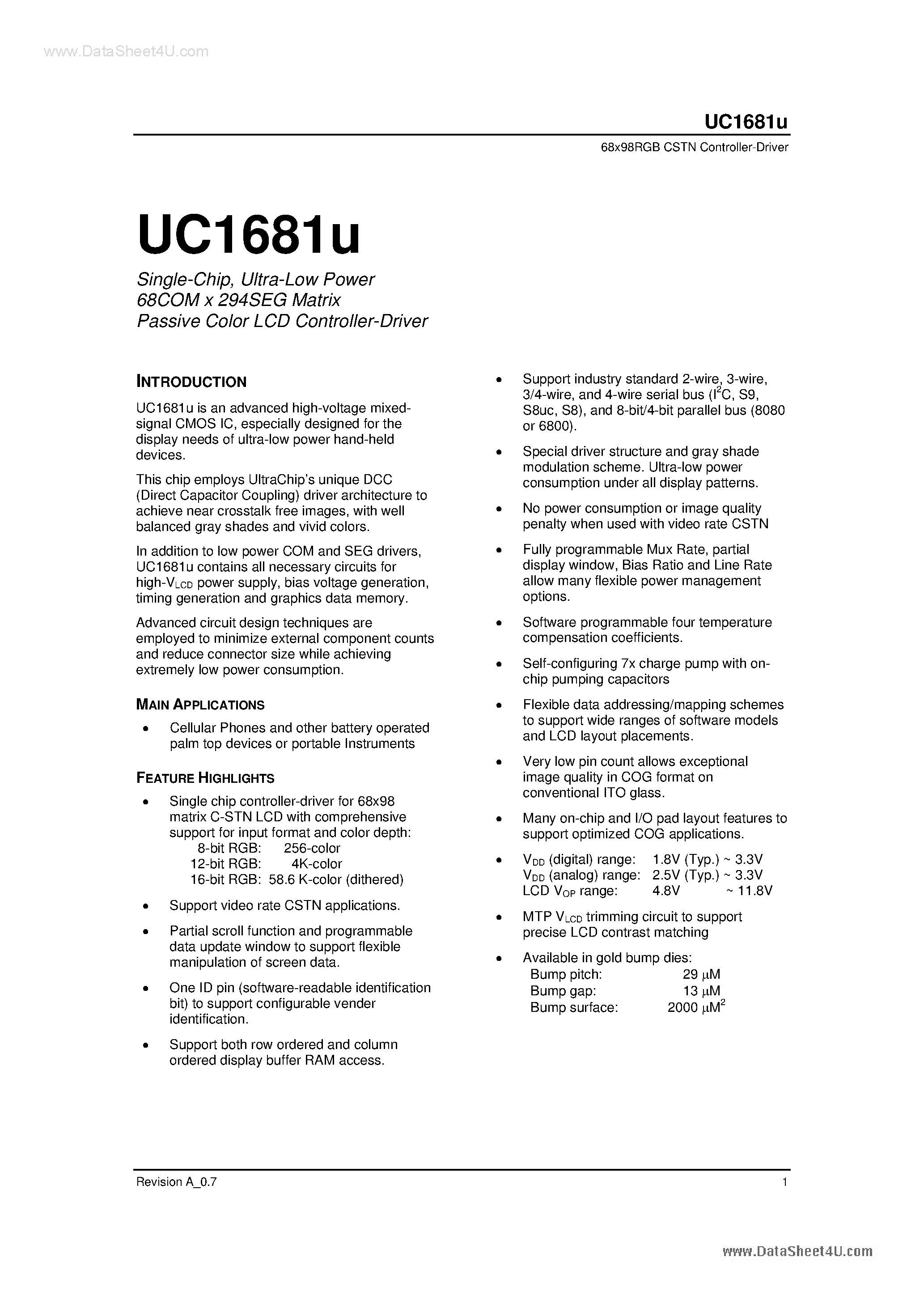 Datasheet UC1681U - Shingle-Chip Ultra-Low Power 68 COM X 294 SEG Matrix Passive Color LCD Controller Driver page 1