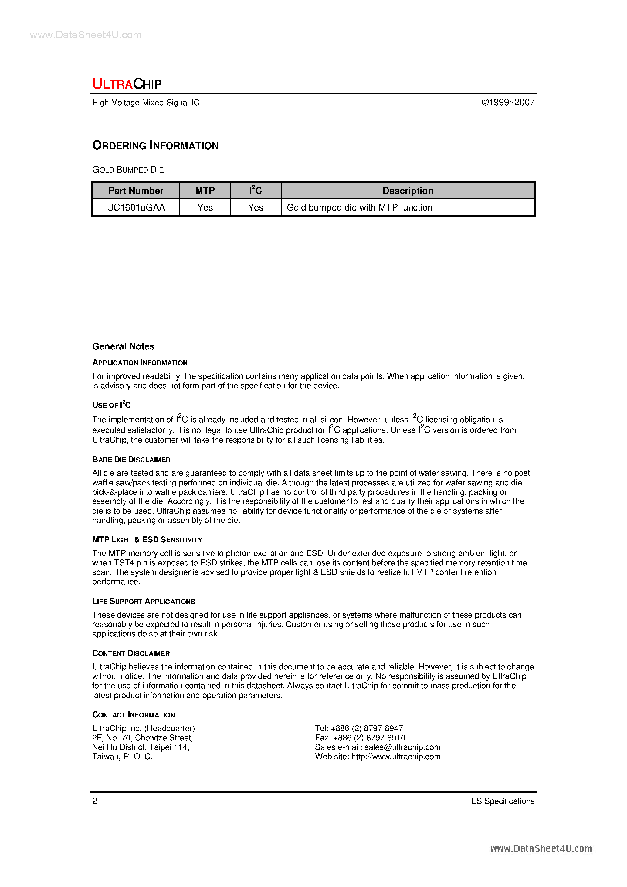 Datasheet UC1681U - Shingle-Chip Ultra-Low Power 68 COM X 294 SEG Matrix Passive Color LCD Controller Driver page 2