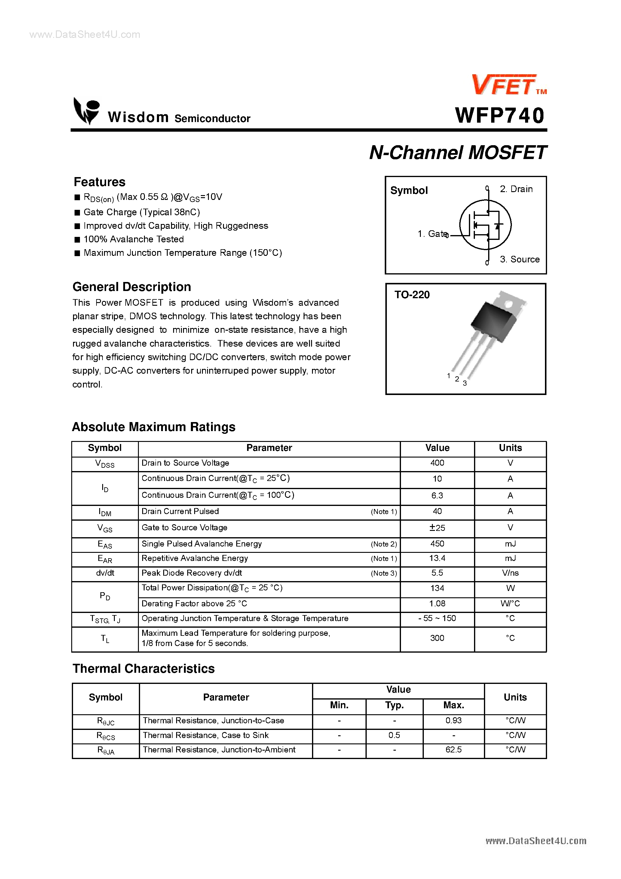 Datasheet WFP740 page 1 Datasheet WFP740 - N-Channel MOSFET page 1