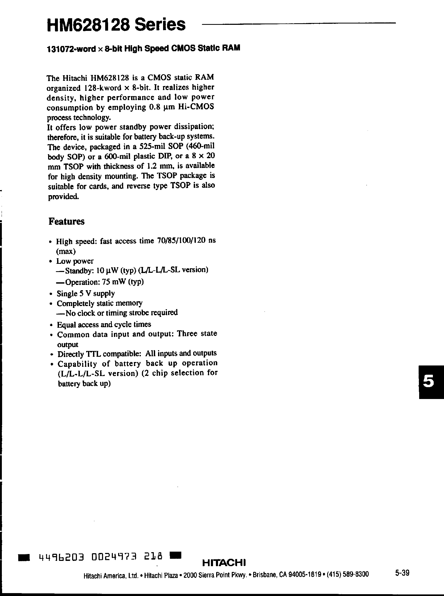 Даташит на микросхему HM628128F страница 1 Даташит HM628128F - 131072-word x 8-bit High Speed CMOS Static RAM страница 1