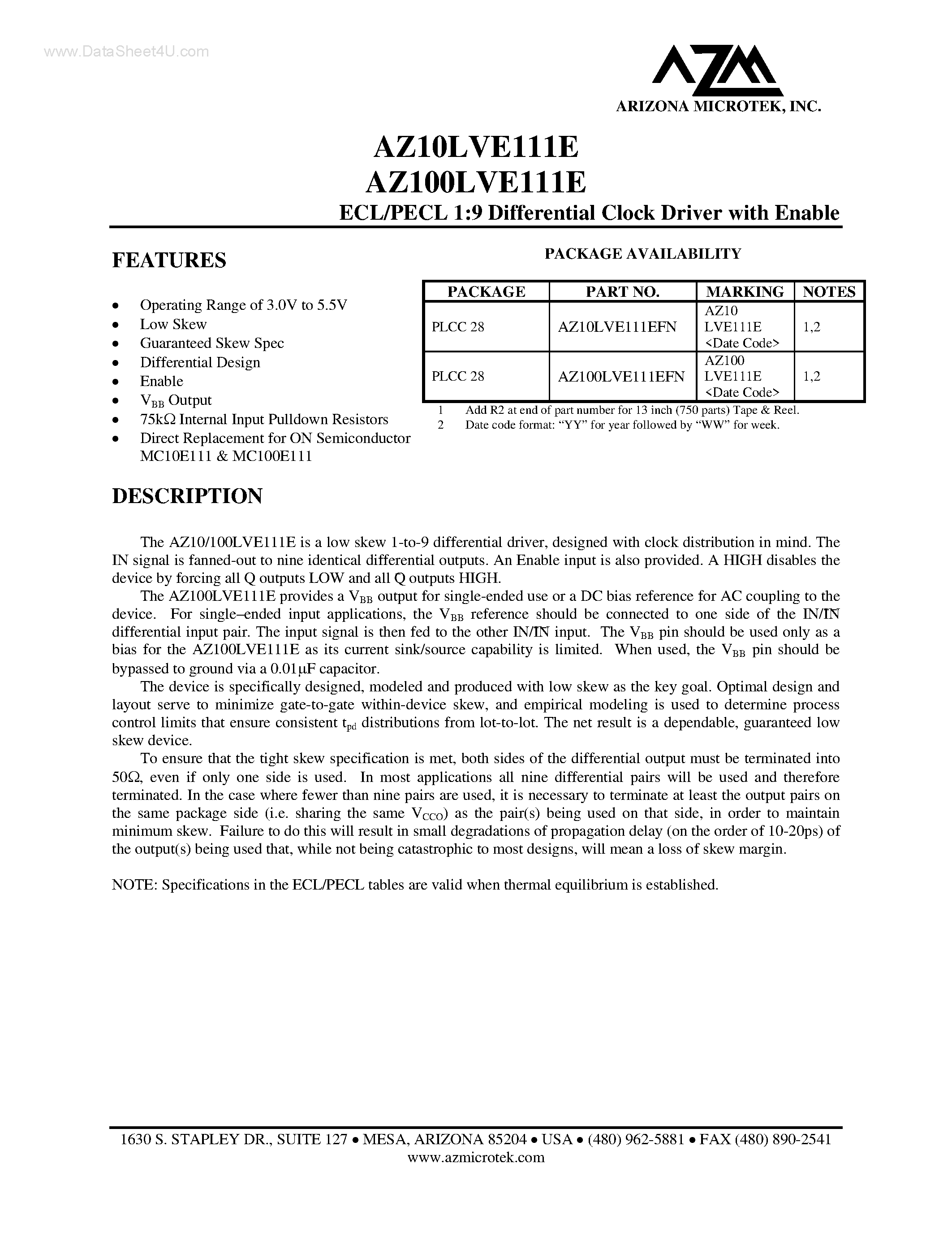 Даташит AZ100LVE111E - ECL/PECL 1:9 Differential Clock Driver страница 1