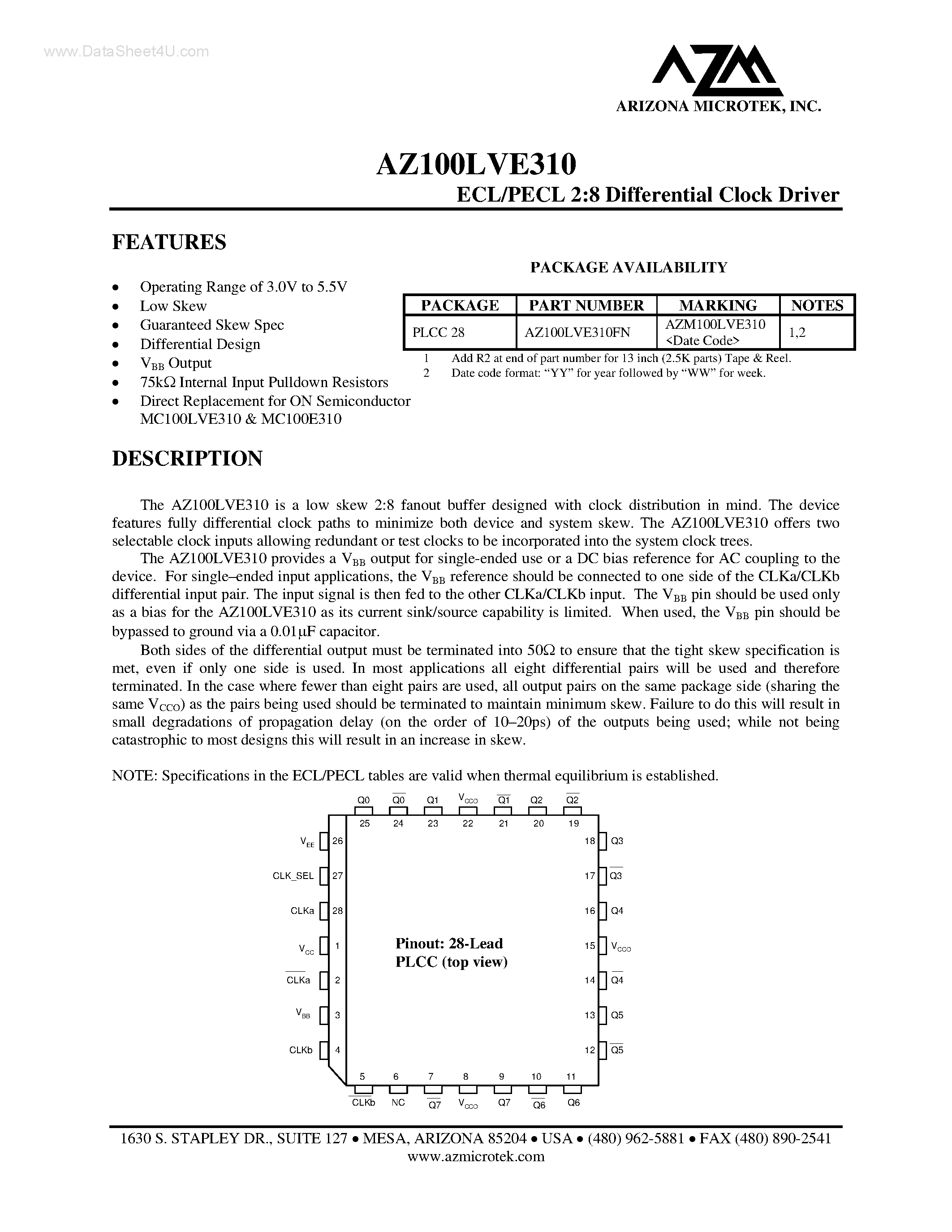 Даташит на микросхему AZ100LVE310 страница 1 Даташит AZ100LVE310 - ECL/PECL 2:8 Differential Clock Driver страница 1