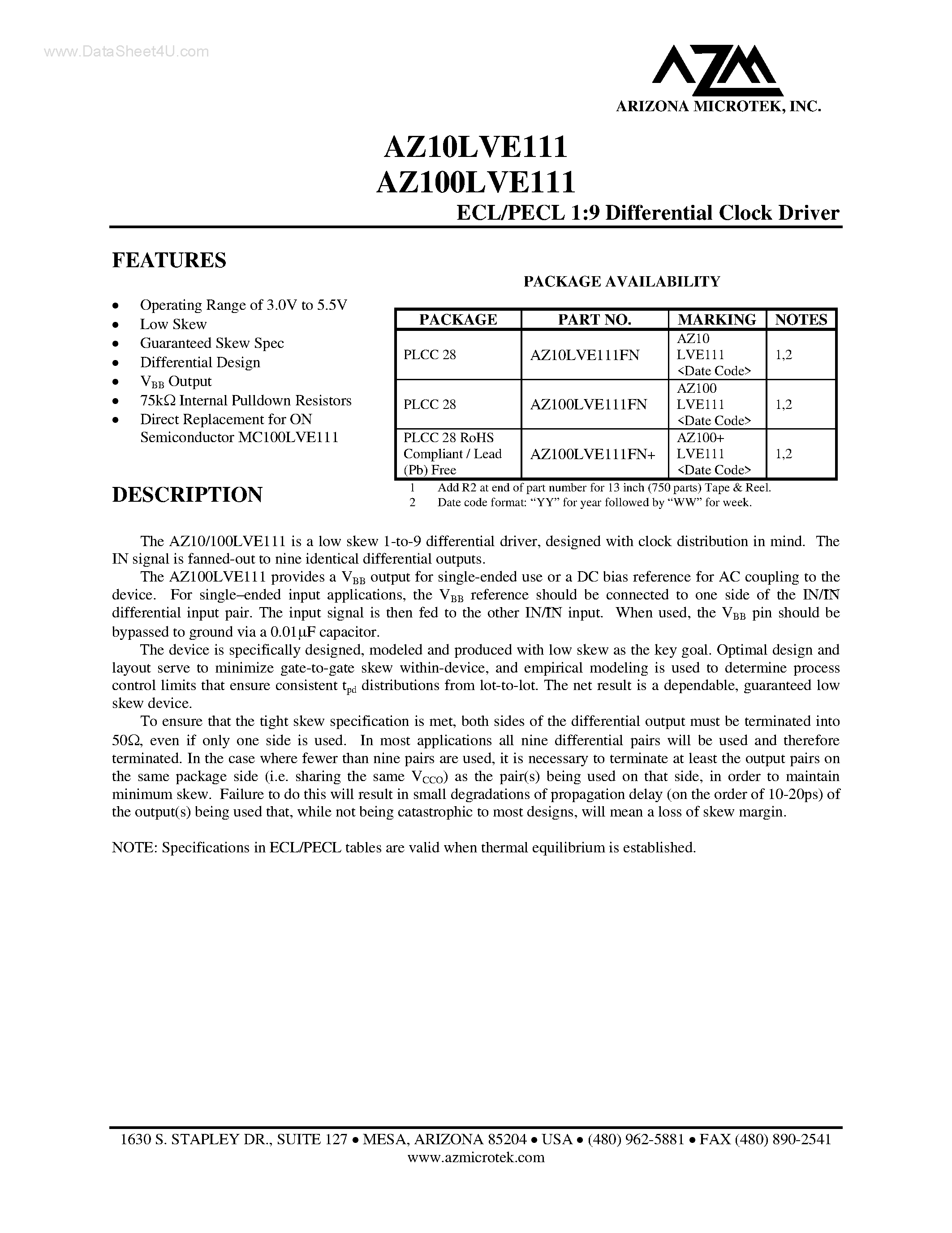 Даташит AZ100LVE111 - ECL/PECL 1:9 Differential Clock Driver страница 1