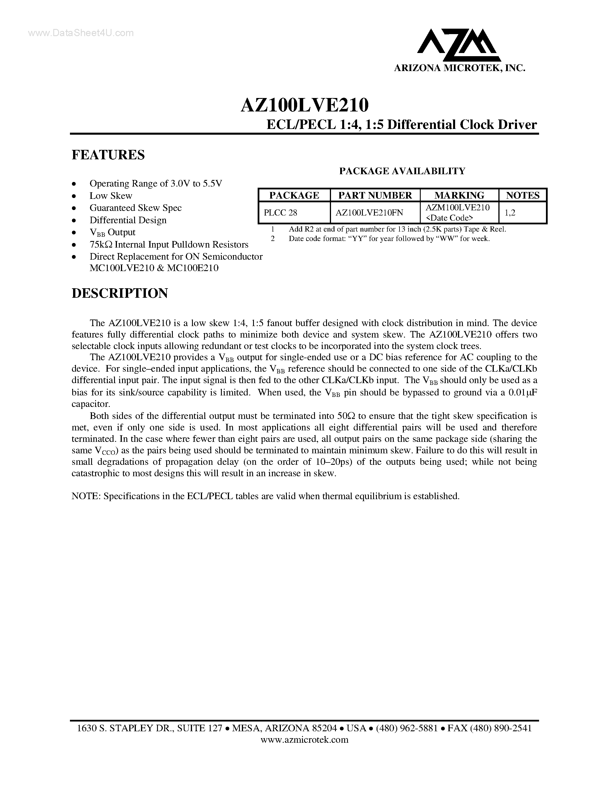Datasheet AZ100LVE210 - ECL/PECL 1:4 / 1:5 Differential Clock Driver page 1