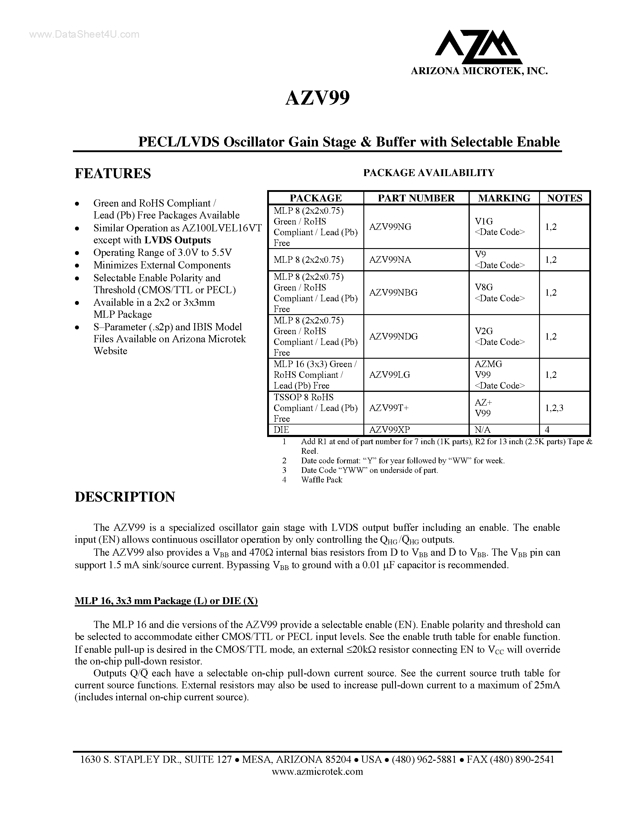Datasheet AZV99 - PECL/LVDS Oscillator Gain Stage & Buffer page 1