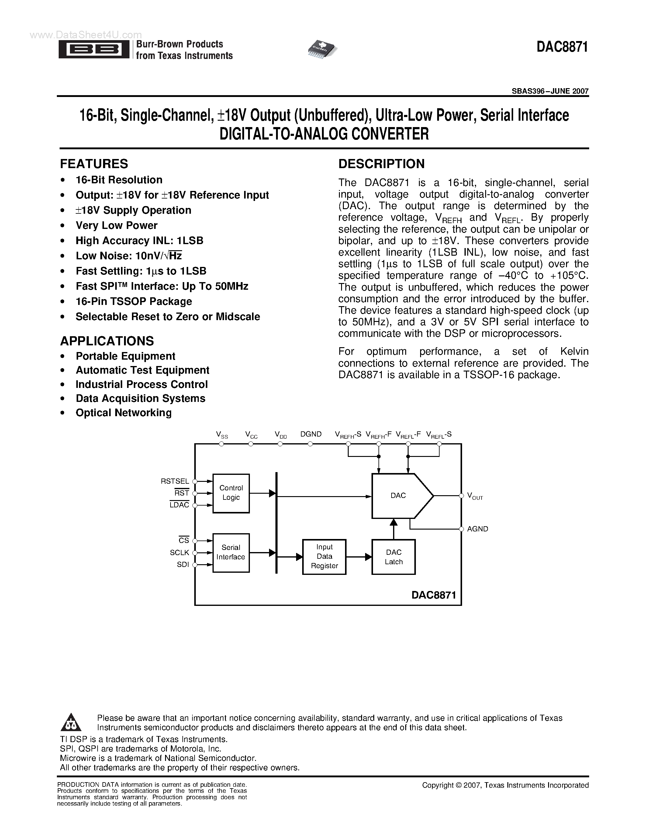 Datasheet DAC8871 - Serial Interface DIGITAL-TO-ANALOG CONVERTER page 1
