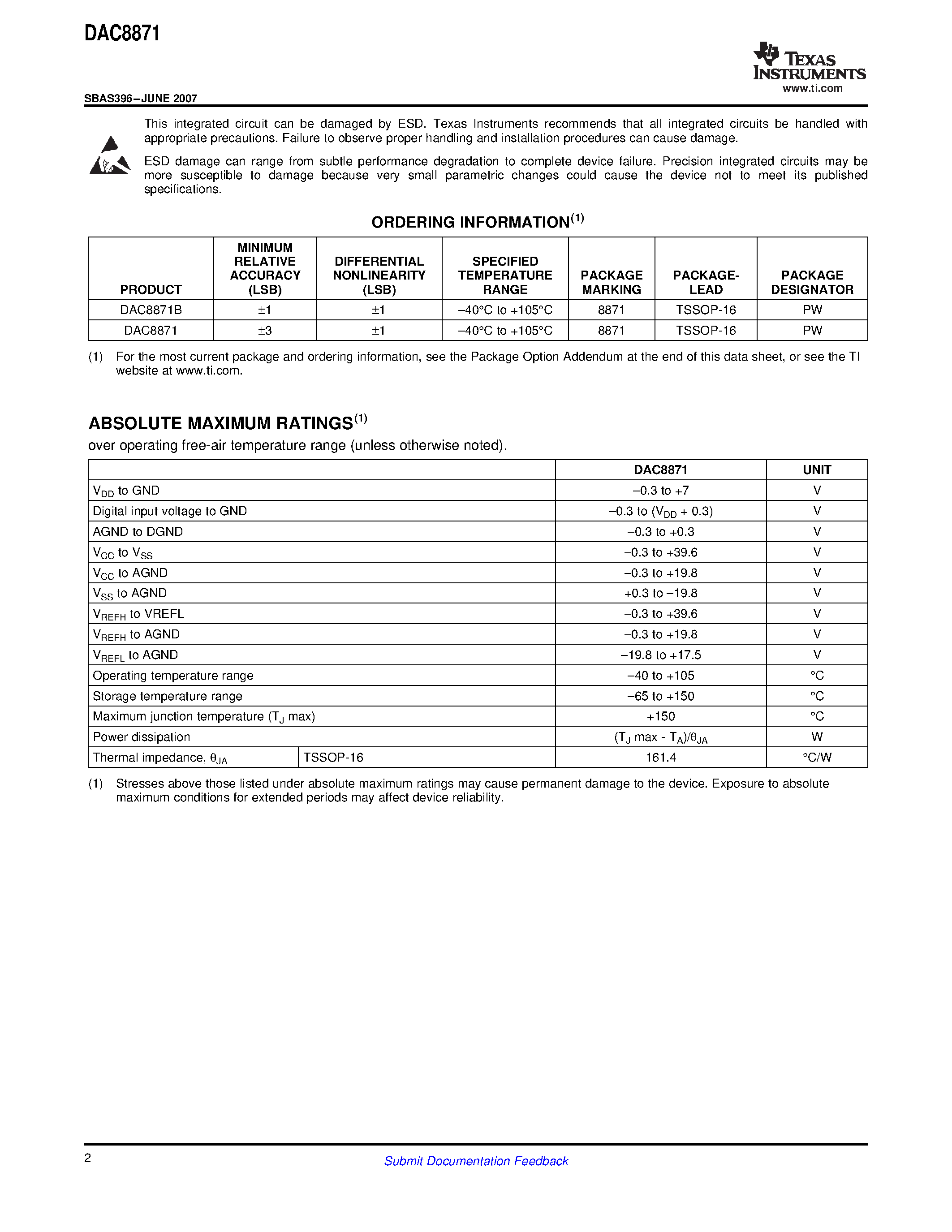 Datasheet DAC8871 - Serial Interface DIGITAL-TO-ANALOG CONVERTER page 2