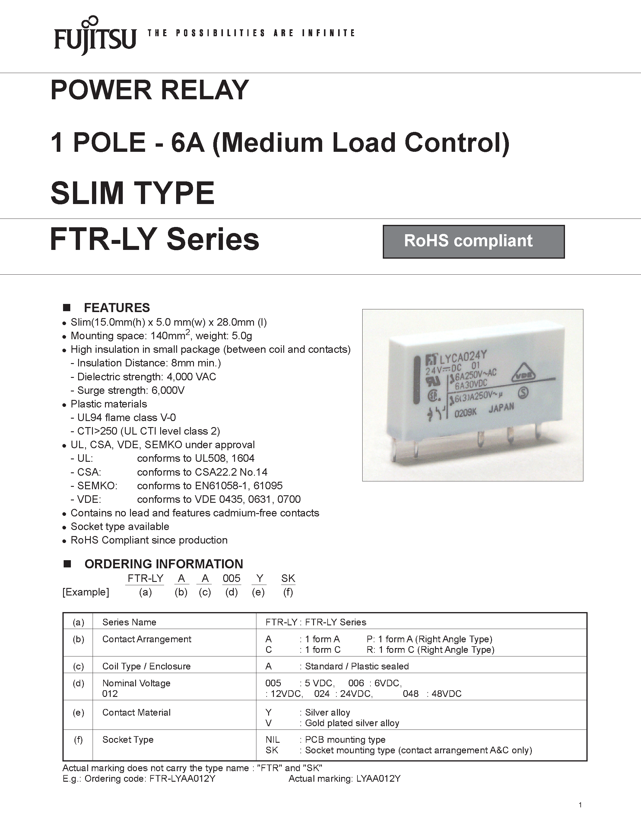 Даташит FTR-LY - POWER RELAY 1 POLE - 6A страница 1