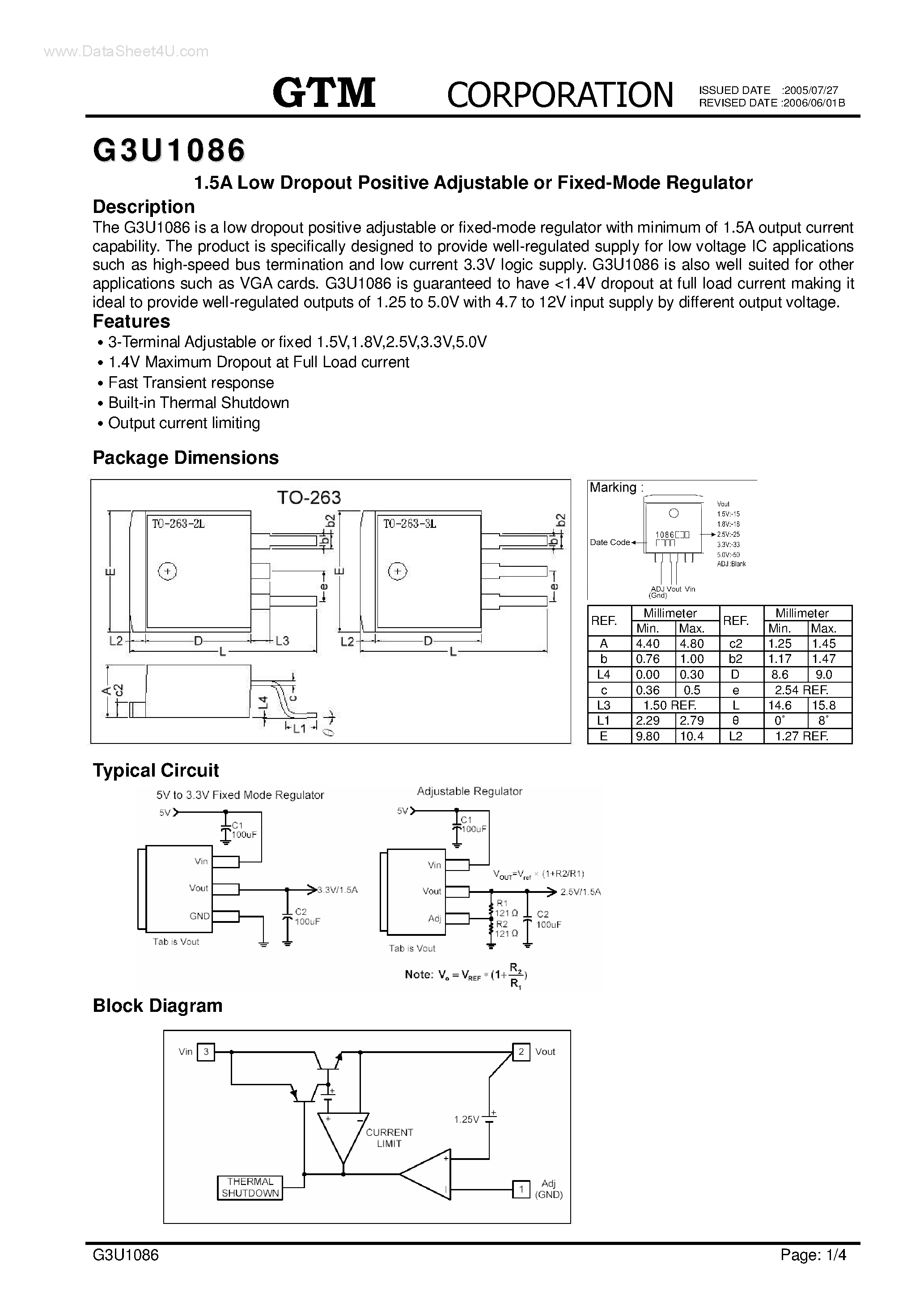 Даташит на микросхему G3U1086 страница 1 Даташит G3U1086 - 1.5A Low Dropout Positive Adjustable страница 1