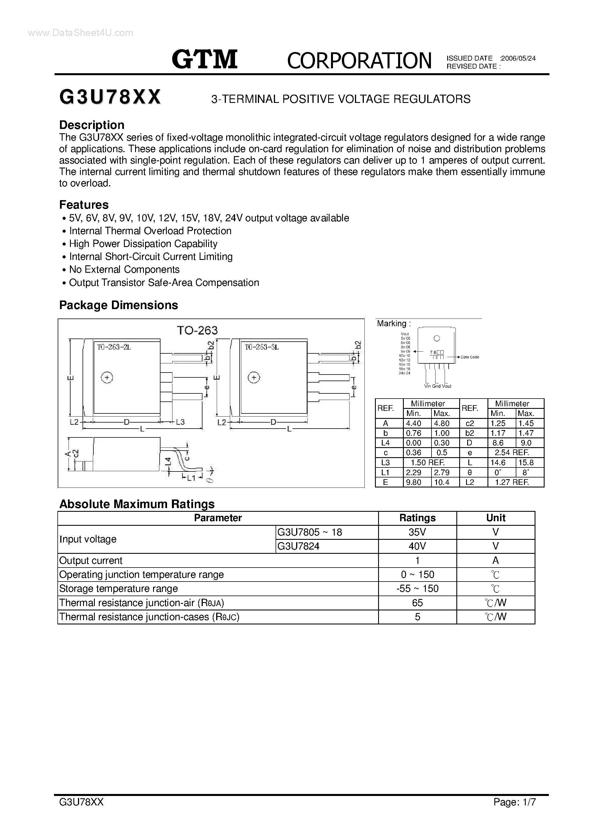 Datasheet G3U7805 - (G3U78xx) 3-TERMINAL POSITIVE VOLTAGE REGULATORS page 1