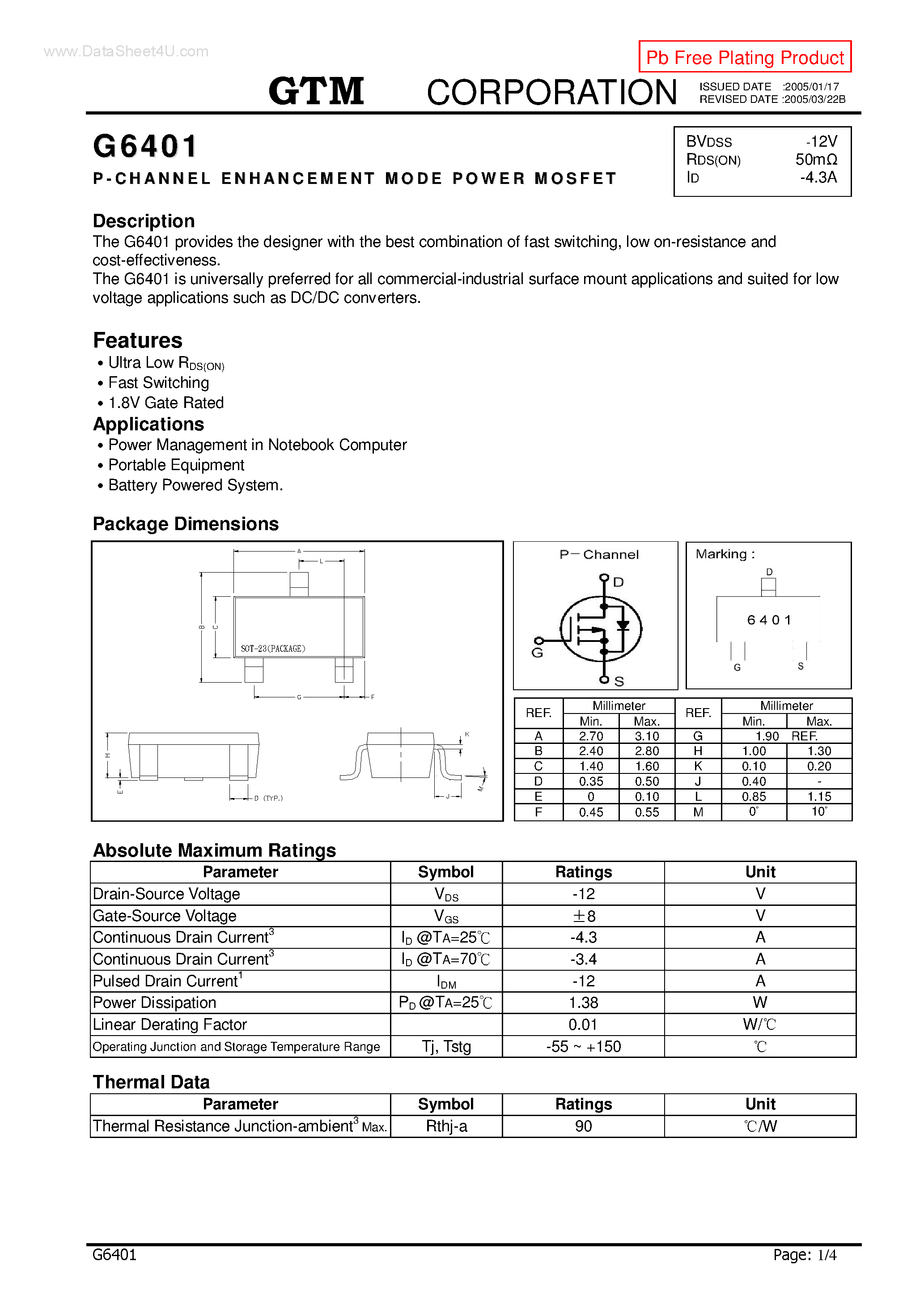 Datasheet G6401 page 1 Datasheet G6401 - P-CHANNEL ENHANCEMENT MODE POWER MOSFET page 1