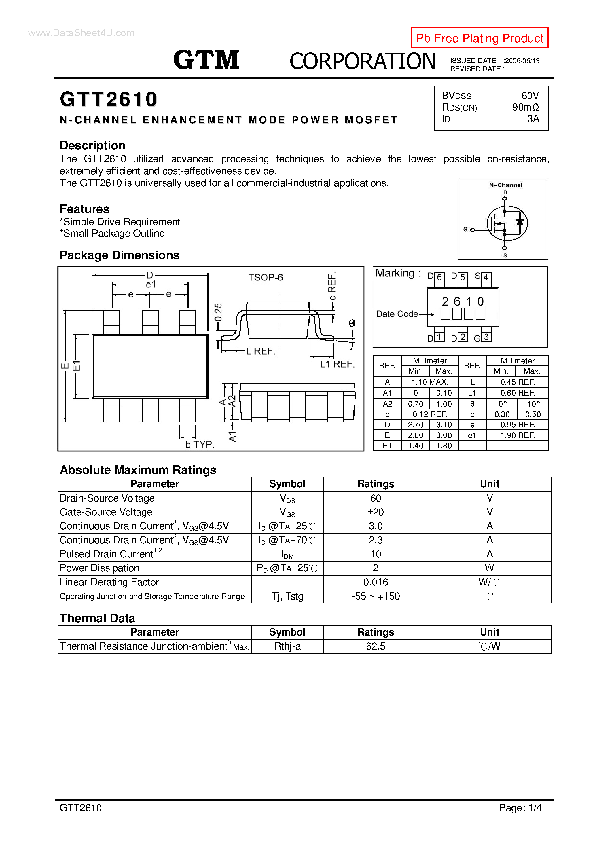 Даташит на микросхему GTT2610 страница 1 Даташит GTT2610 - N-CHANNEL ENHANCEMENT MODE POWER MOSFET страница 1