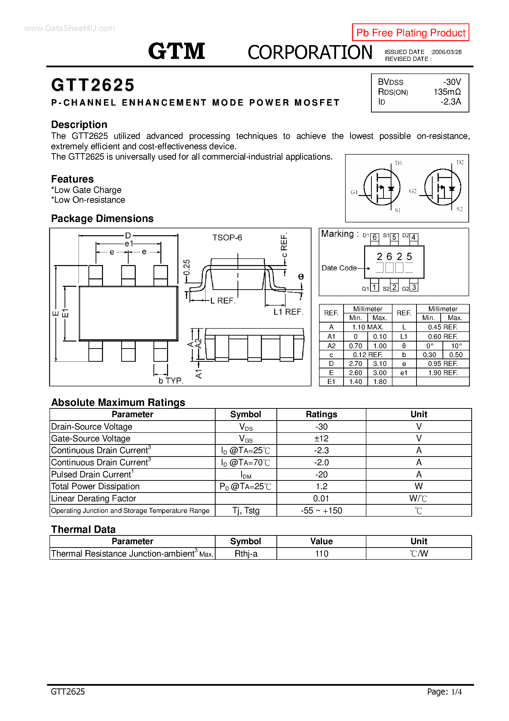 Datasheet GTT2625 page 1 Datasheet GTT2625 - P-CHANNEL ENHANCEMENT MODE POWER MOSFET page 1