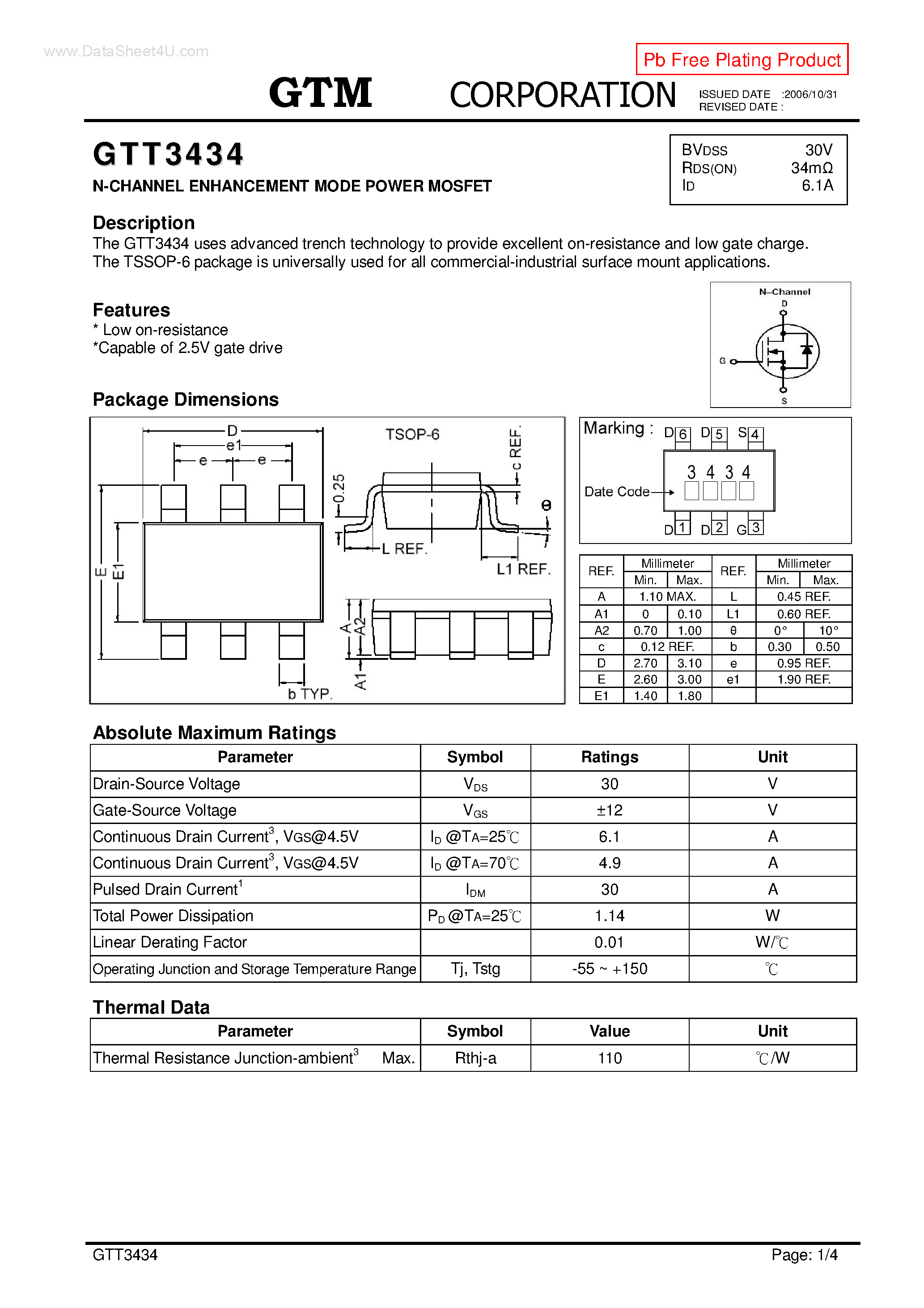 Даташит на микросхему GTT3434 страница 1 Даташит GTT3434 - N-CHANNEL ENHANCEMENT MODE POWER MOSFET страница 1