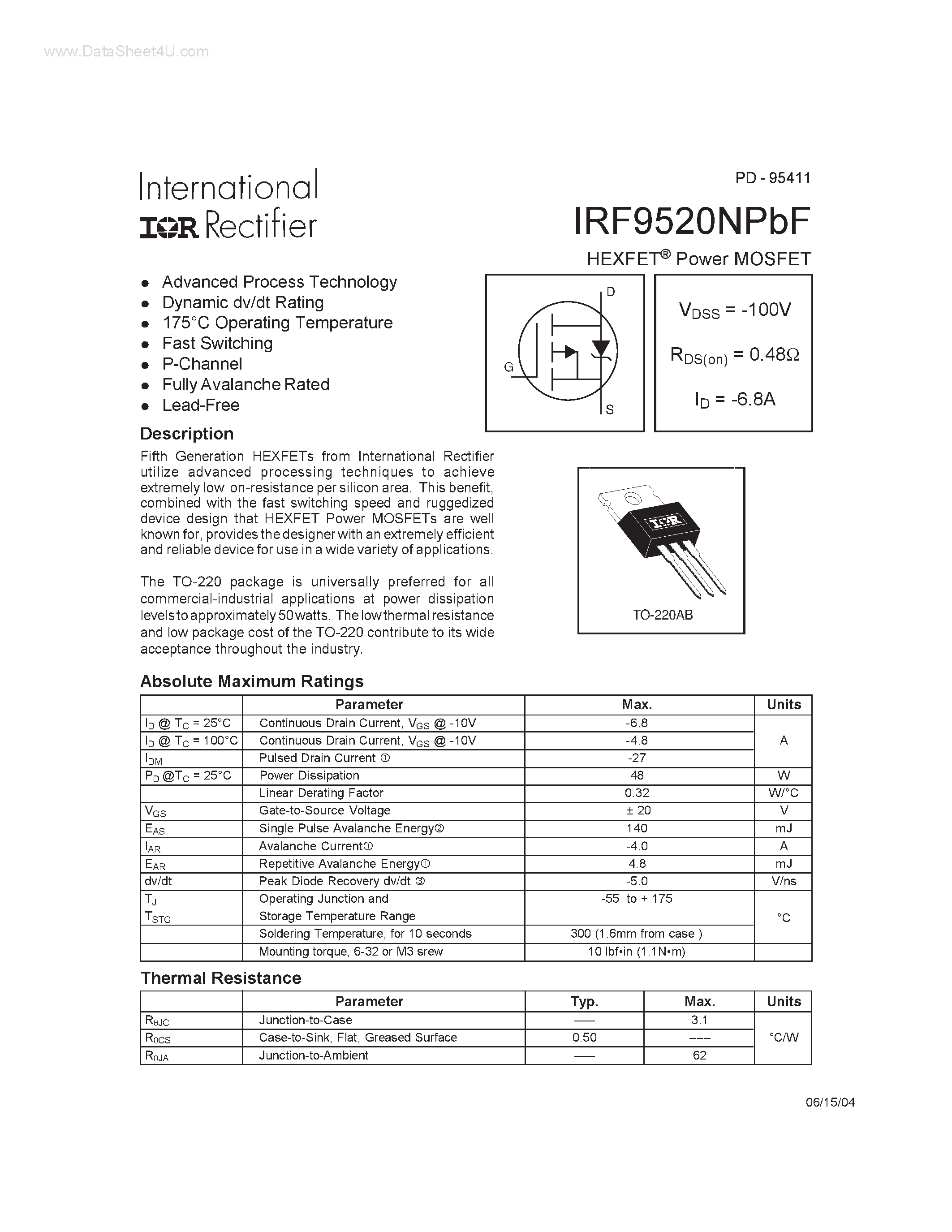 Datasheet IRF9520NPBF - HEXFET POWER MOSFET page 1