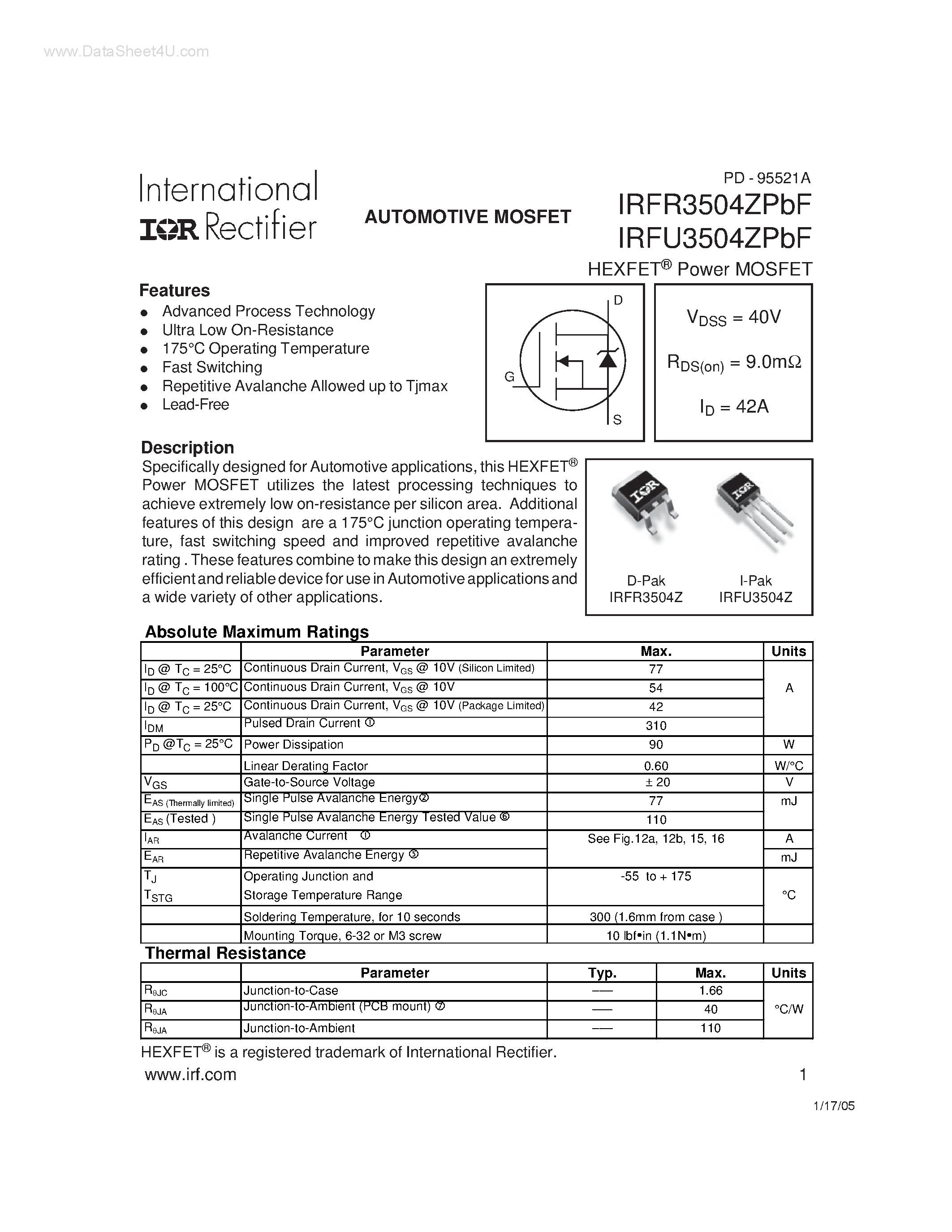Datasheet IRFR3504ZPBF - AUTOMOTIVE MOSFET page 1