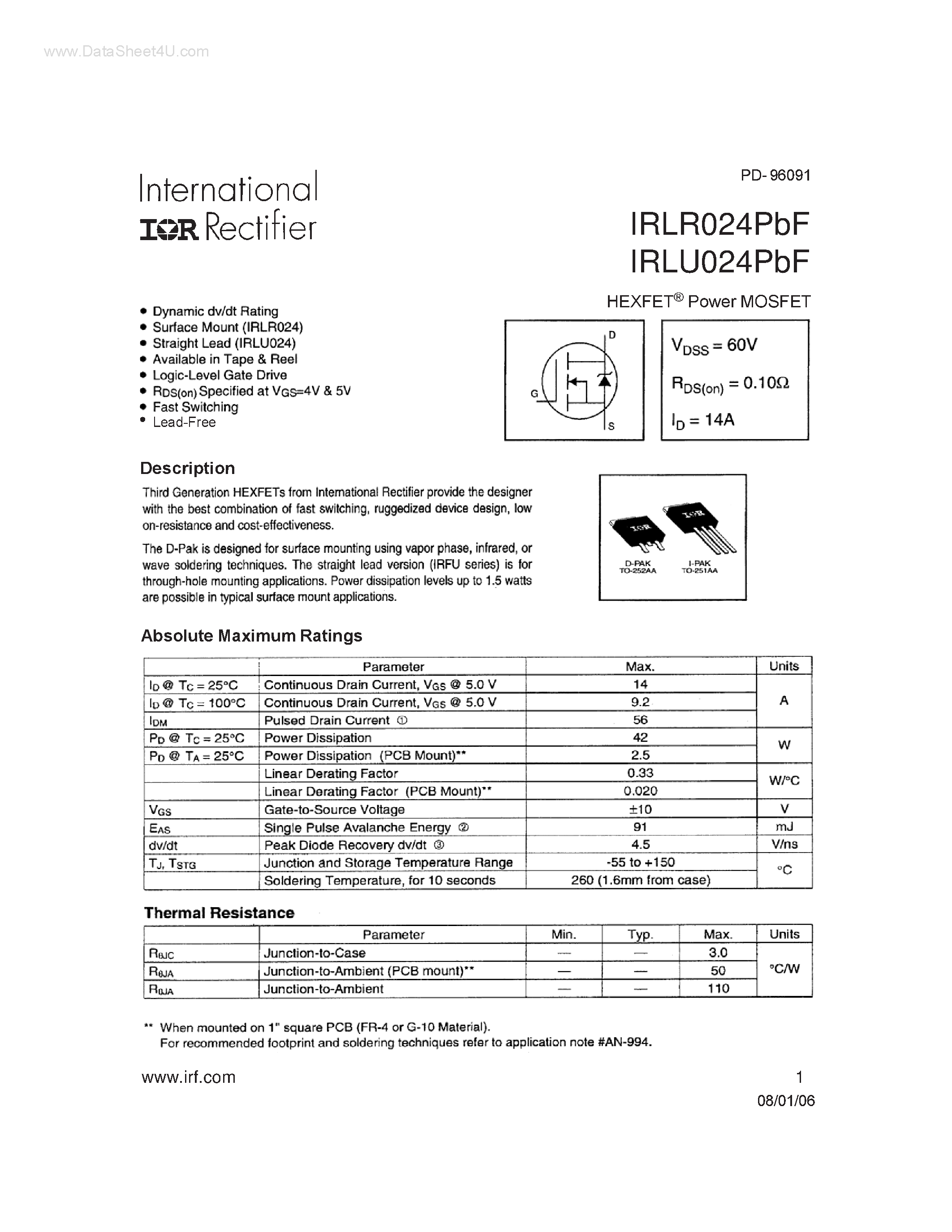 Даташит IRLR024PBF - HEXFET POWER MOSFET страница 1