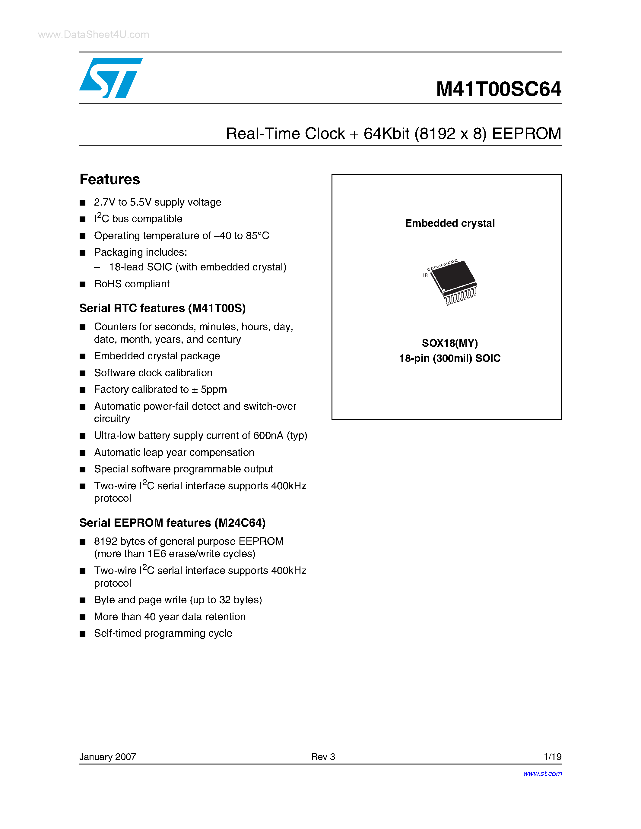 Datasheet M41T00SC64 - Real-Time Clock 64Kbit (8192 x 8) EEPROM page 1