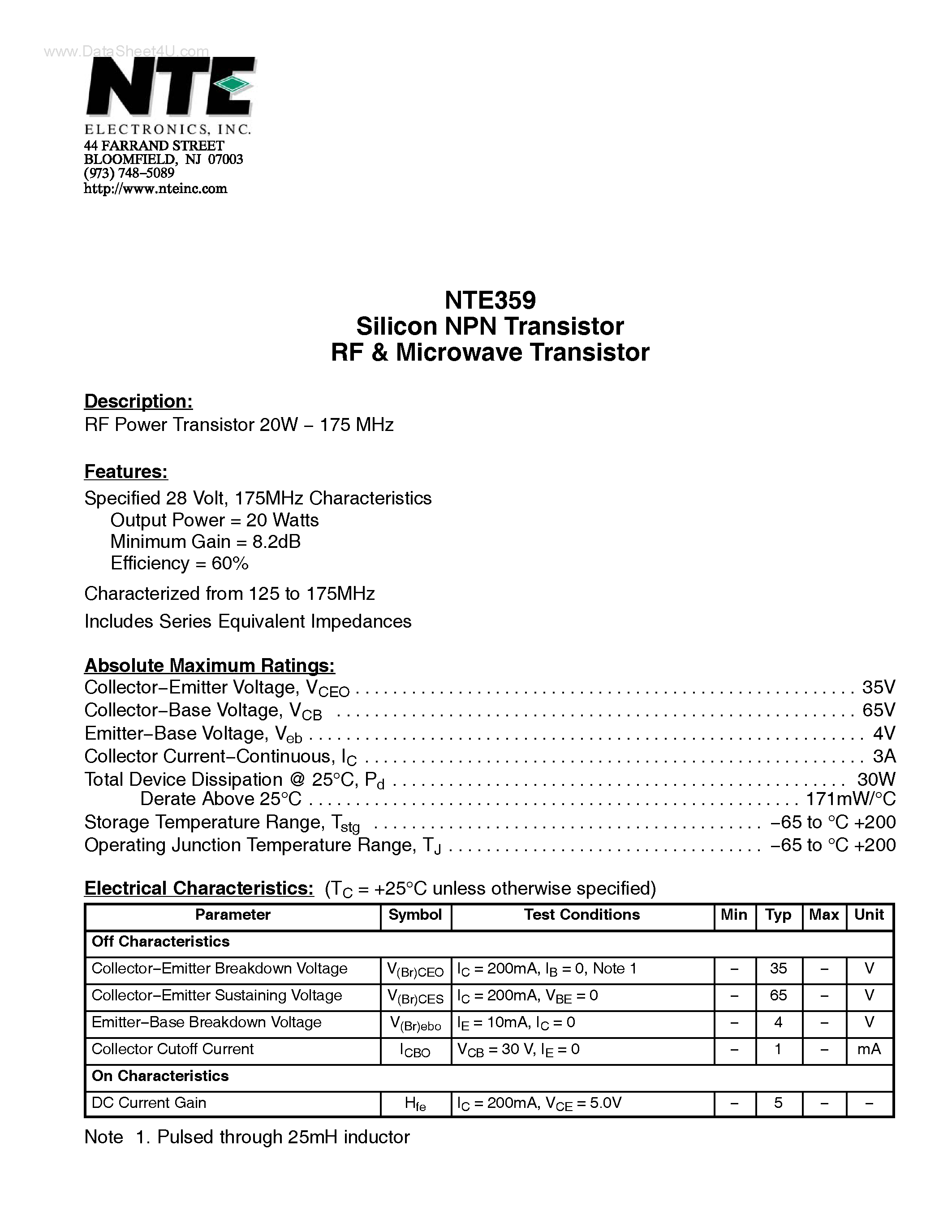 Datasheet NTE359 - Silicon NPN Transistor RF & Microwave Transistor page 1